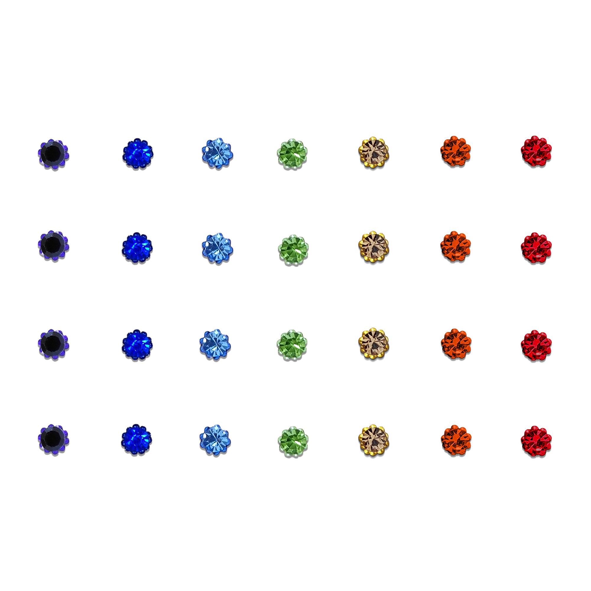 Comet Busters Rainbow Crystal Flower Stone Bindi featuring multicolor faceted floral rhinestone bindis in black, royal blue, sky blue, green, champagne gold, orange, and red. Self-adhesive designer bindis for women and girls, perfect for weddings, festivals, Navratri, Diwali, Karwa Chauth, Haldi, Mehendi, sangeet, parties, temple visits, and traditional Indian outfits including sarees, lehengas, kurtis, salwar suits, and Indo-western wear.