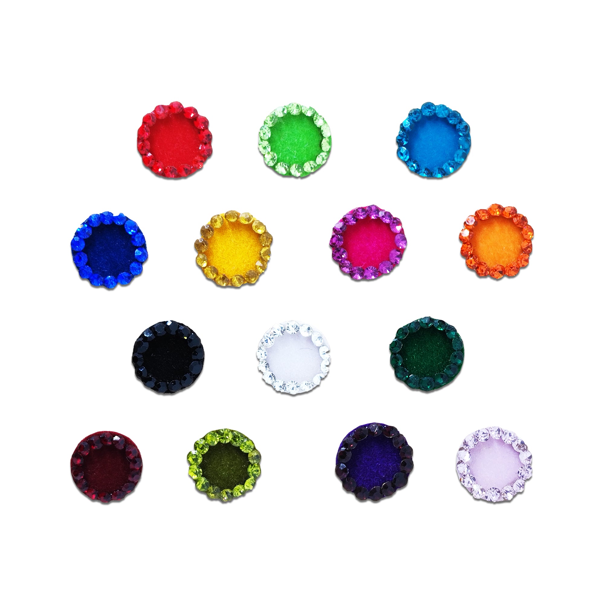 Comet Busters Rainbow Crystal Halo Velvet Bindi Set featuring round velvet bindis in assorted vibrant colors, each surrounded by a sparkling crystal border. Self-adhesive designer bindis for women and girls, perfect for weddings, festivals, Navratri, parties, cultural events, classical dance performances, and elegant ethnic or fusion styling.