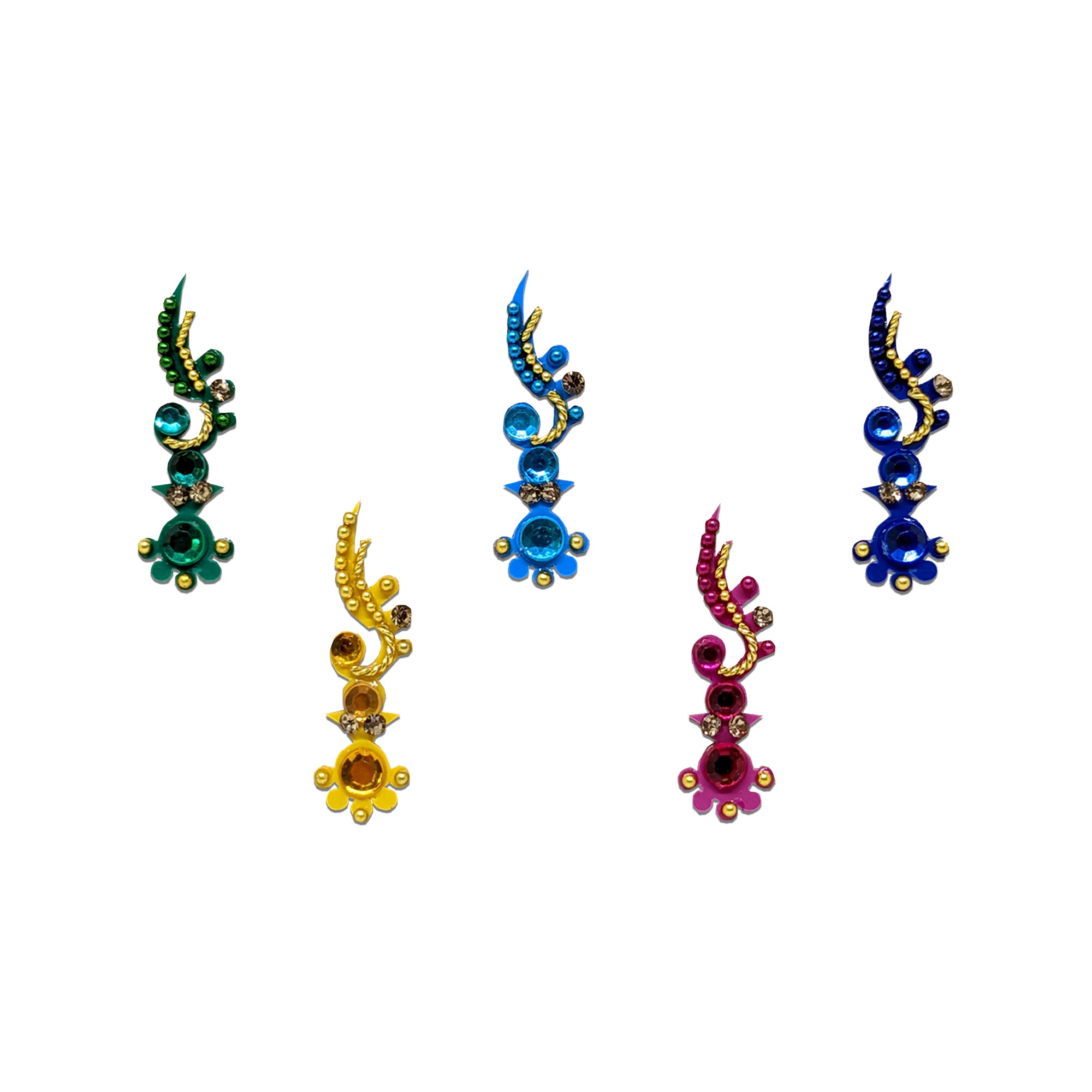 Comet Busters colorful flower stone bindis with crystal accents and gold-tone detailing