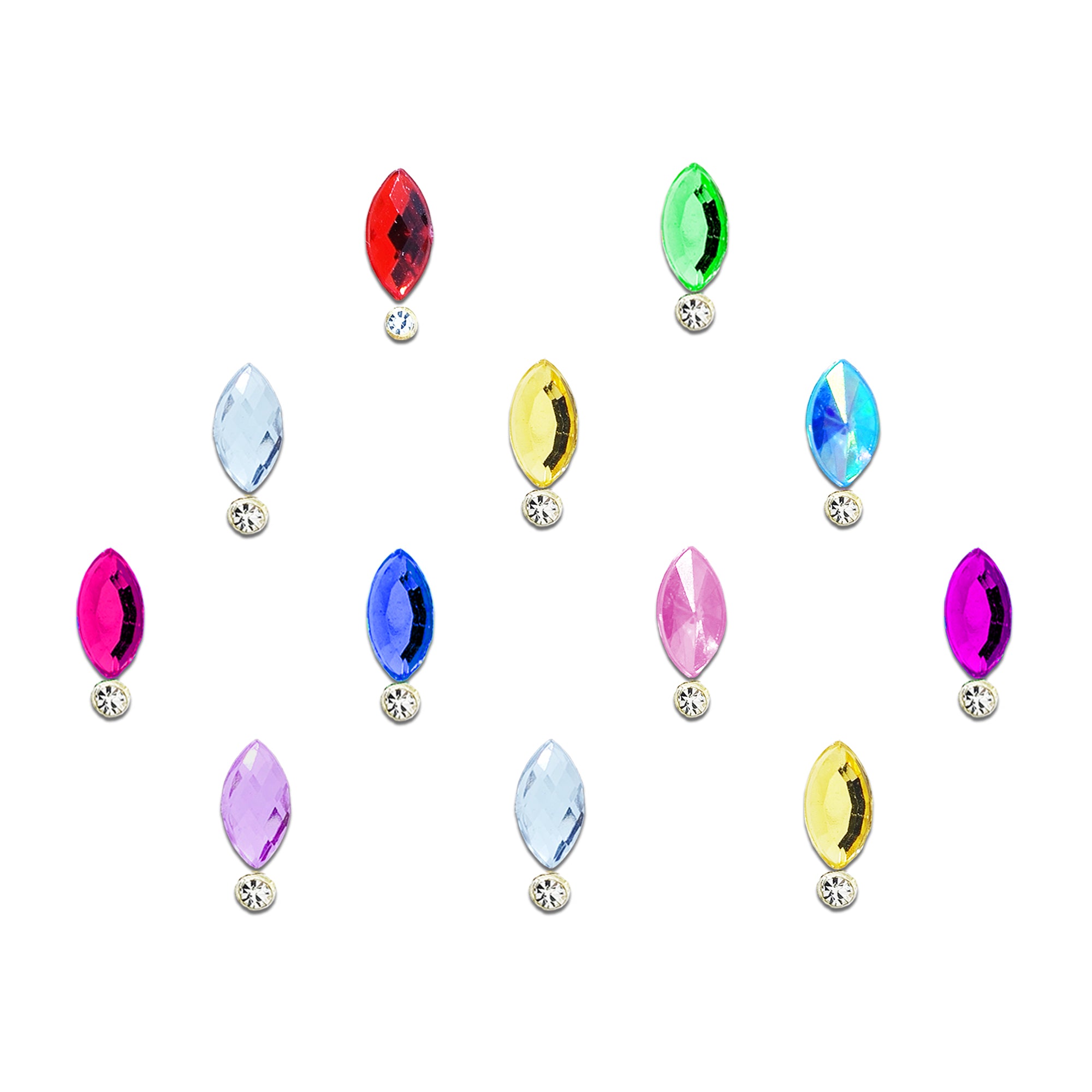 Comet Busters multicolor navette-shaped crystal bindi featuring vibrant jewel-tone acrylic stones with a sparkling round rhinestone accent. Elegant designer bindis for women and girls, ideal for festivals, weddings, Navratri, Diwali, traditional wear, dance performances, and party occasions.