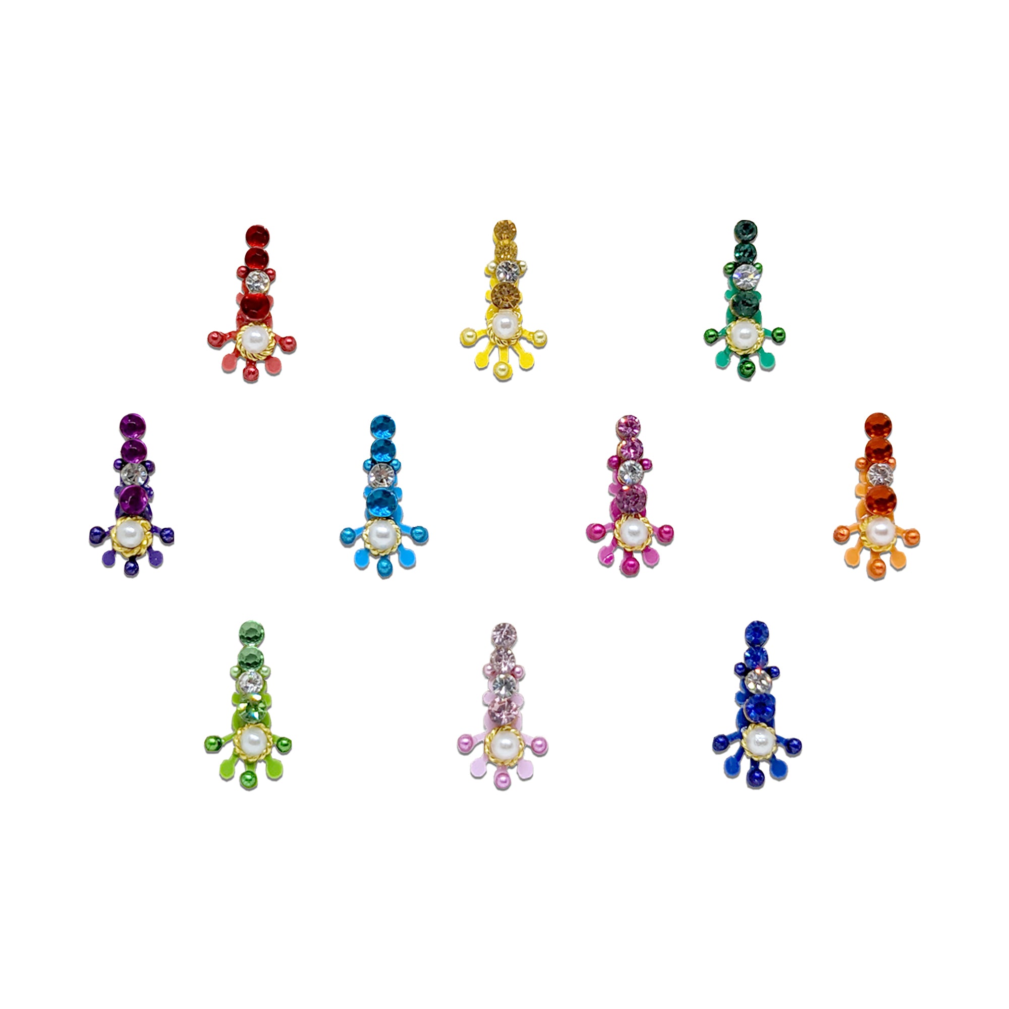 Comet Busters multicolor floral stone bindis with crystal accents and decorative designer patterns.