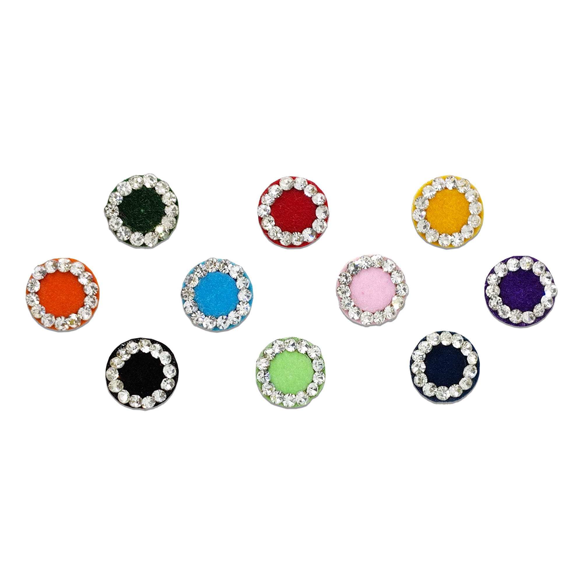 Comet Busters Rainbow Velvet Crystal Halo Bindi featuring multicolor round velvet bindis encircled with sparkling clear rhinestones. Self-adhesive premium designer bindis for women and girls in black, red, yellow, orange, sky blue, light green, pink, navy blue, and purple. Perfect for weddings, festivals, Navratri, Diwali, Karwa Chauth, Haldi, Mehendi, Sangeet, temple visits, parties, and traditional Indian outfits including sarees, lehengas, kurtis, salwar suits, anarkalis, and Indo-western wear.
