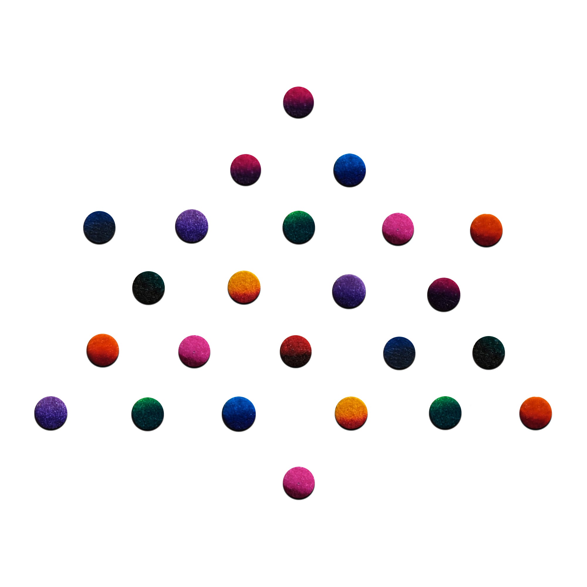 Comet Busters rainbow velvet dot bindis featuring small round bindis in assorted vibrant shades including pink, blue, purple, green, orange, and red arranged in a geometric pattern on a light background, traditional self-adhesive everyday bindi set for women and girls.