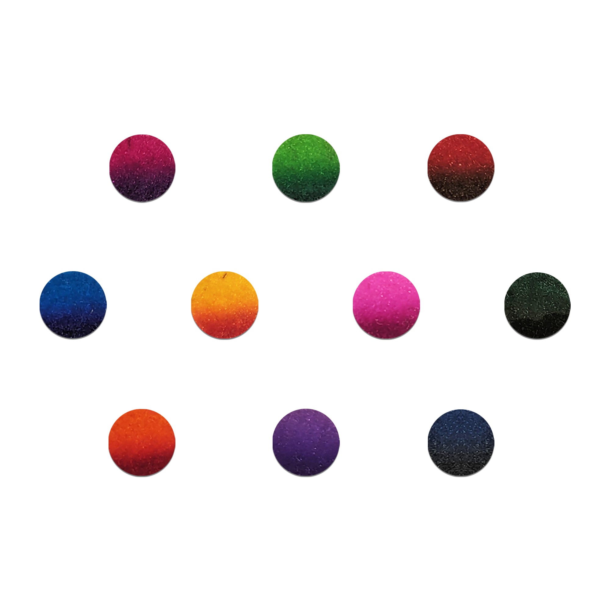 Comet Busters rainbow velvet dot bindis featuring small round bindis in assorted vibrant shades including pink, blue, purple, green, orange, and red arranged in a geometric pattern on a light background, traditional self-adhesive everyday bindi set for women and girls.