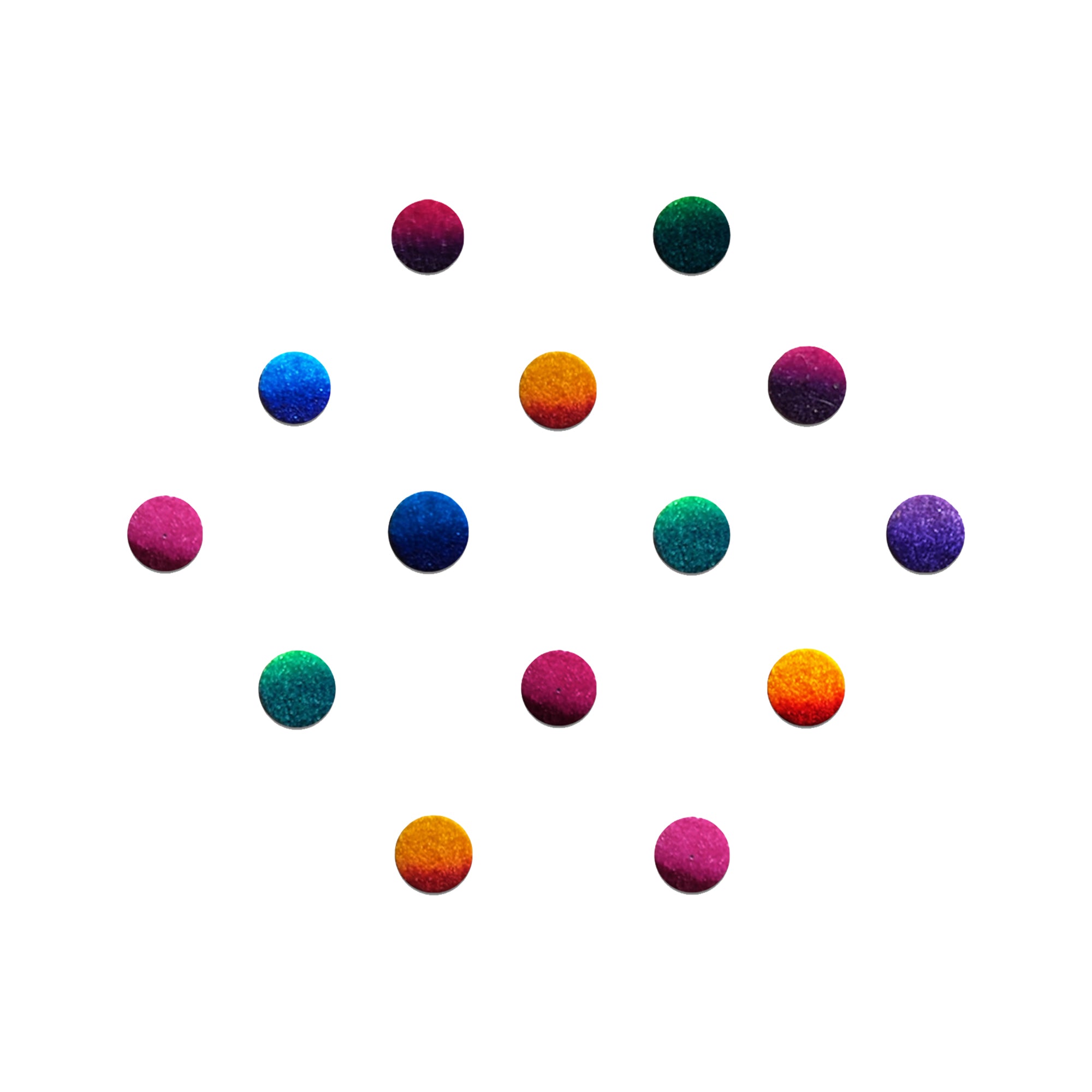 Comet Busters rainbow velvet dot bindis featuring small round bindis in assorted vibrant shades including pink, blue, purple, green, orange, and red arranged in a geometric pattern on a light background, traditional self-adhesive everyday bindi set for women and girls.