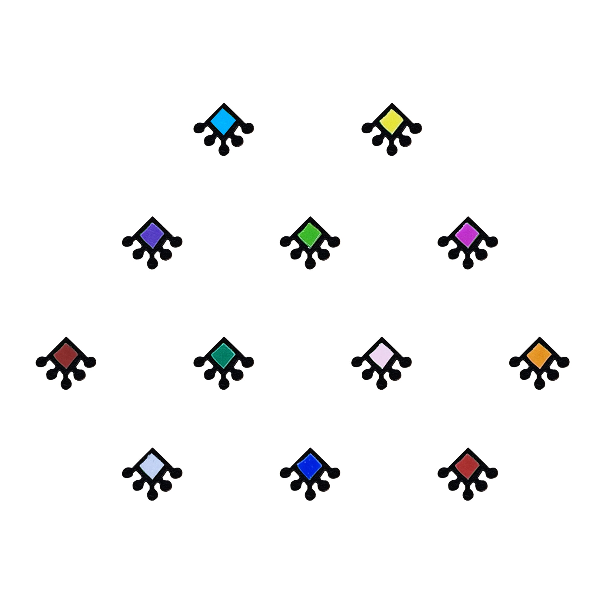 Comet Busters Rangoli Diamond Designer Bindi featuring multicolor diamond-shaped bindis with elegant black ornamental accents. Self-adhesive ethnic bindis for women and girls, perfect for festivals, Navratri, Diwali, weddings, puja, temple visits, cultural celebrations, dance performances, and traditional Indian outfits including sarees, lehengas, kurtis, salwar suits, and Indo-western wear.