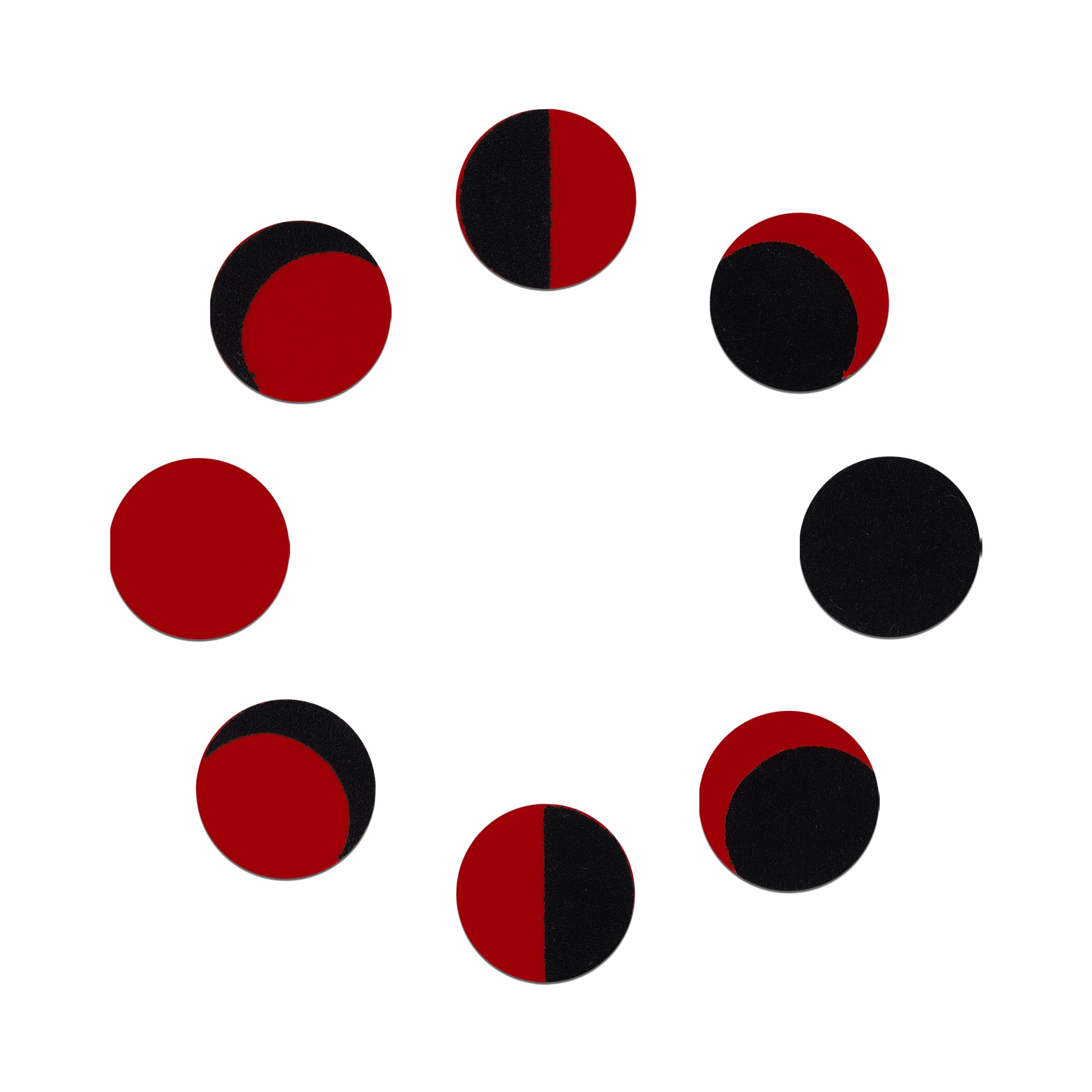 : Comet Busters Phase of Moon round bindi featuring red and black moon phase designs, celestial-inspired traditional forehead bindi for women and girls.
