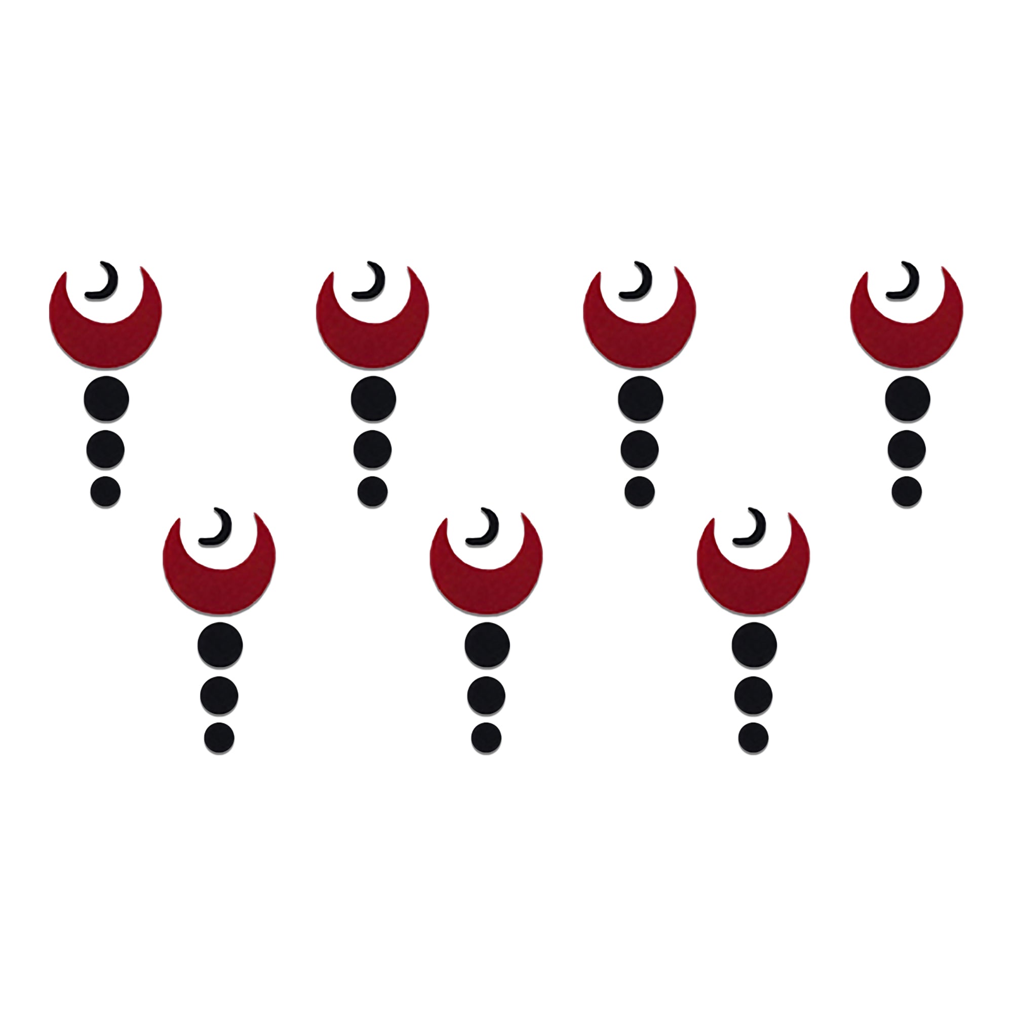 Comet Busters red crescent moon designer bindi sheet featuring 7 elegant bindis with a red crescent motif, black accent dots, and a minimalist traditional design, reusable forehead bindis for women and girls, perfect for festive wear, cultural events, and ethnic styling.