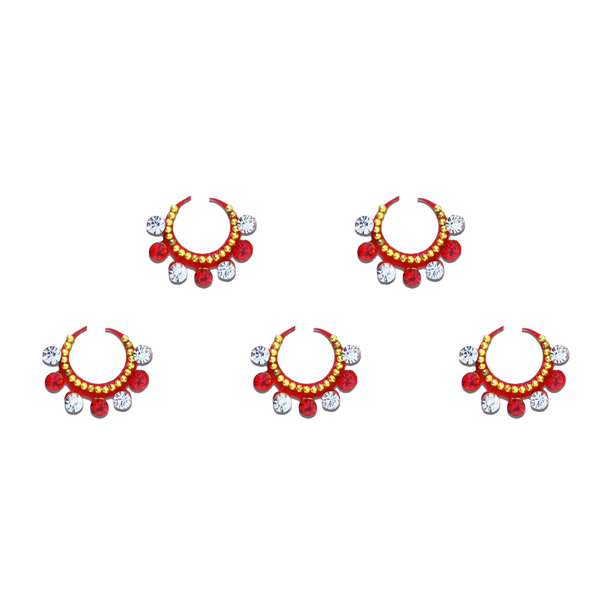 Comet Busters red crescent moon designer bindi featuring elegant gold bead detailing and alternating red and clear crystal drop accents. Premium self-adhesive bindi set for women and girls, perfect for weddings, festivals, Navratri, Diwali, parties, cultural events, ethnic wear, and everyday traditional styling.