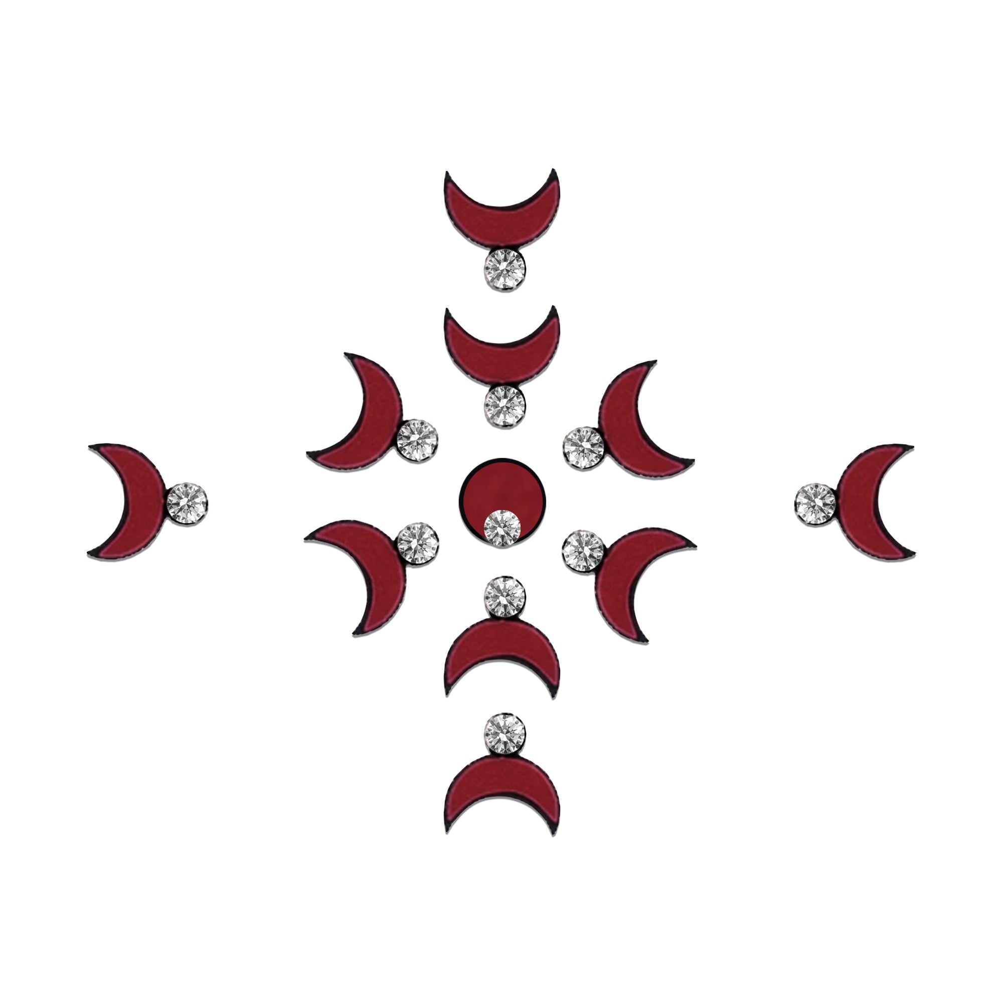 Comet Busters red crescent moon bindis featuring sparkling white stone accents and a central round bindi, designed for festive, ethnic, and traditional forehead styling.