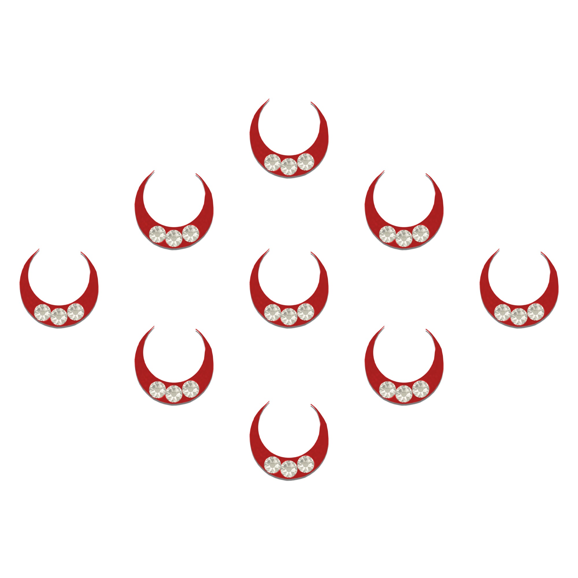 Comet Busters premium red crescent bindis featuring three crystal stones, reusable designer forehead stickers perfect for sarees, lehengas, bridal wear, festivals, parties, and traditional Indian attire.