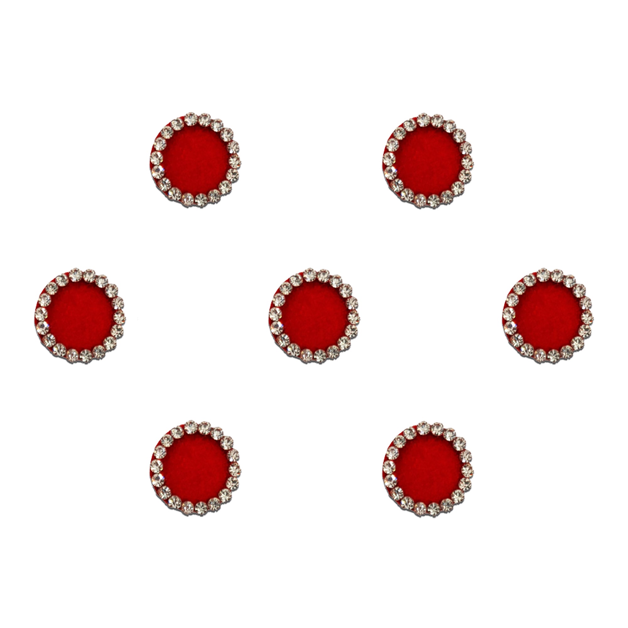 Comet Busters Red round bindis featuring sparkling crystal stone borders in an elegant premium designer style for festive, bridal, and ethnic wear.