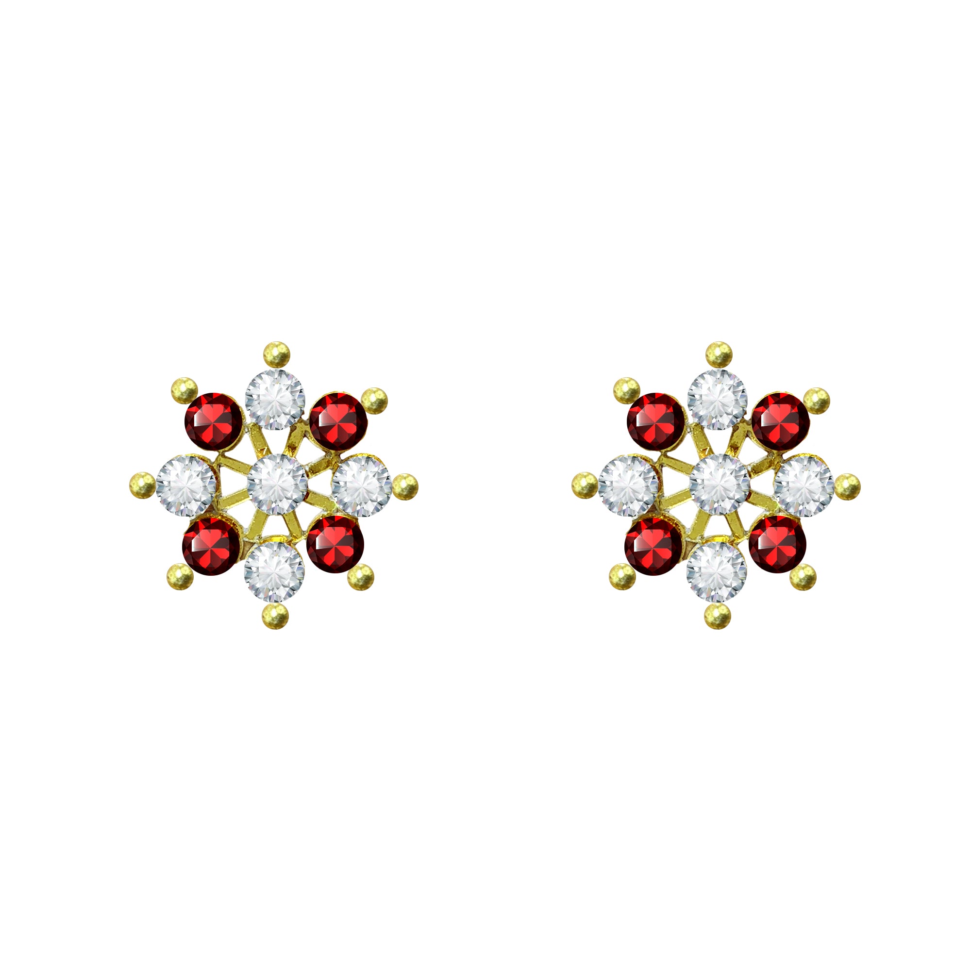 Comet Busters Red and Clear Crystal Floral Ear Stud with Golden Detailing and Sparkling Rhinestones for Women and Girls