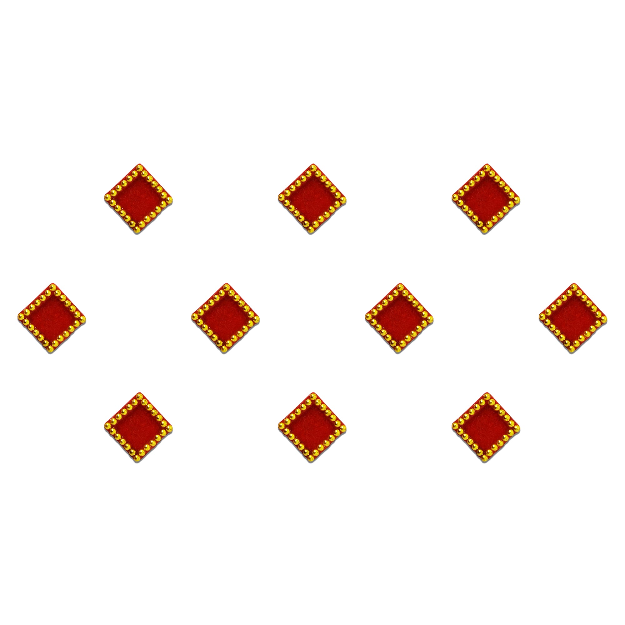 Comet Busters classic red diamond-shaped velvet bindis featuring a decorative golden bead border, traditional forehead stickers ideal for bridal wear, festive celebrations, cultural occasions and ethnic styling.