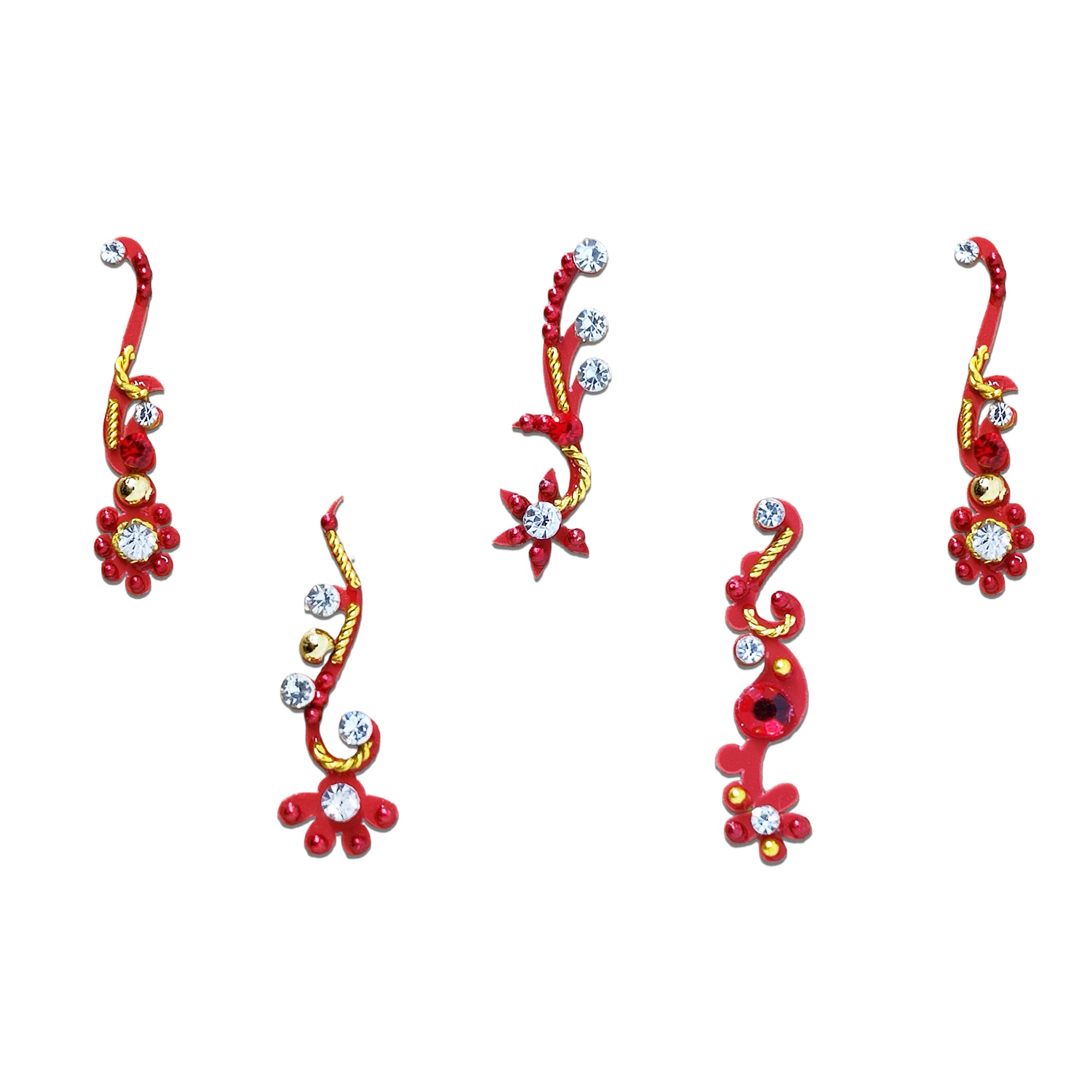 Comet Busters Ruby Paisley Designer Bindi Set featuring five unique red paisley-inspired bindis embellished with ruby red stones, sparkling clear crystals, gold detailing, floral accents, and elegant swirl motifs. Self-adhesive designer bindis for women and girls, perfect for weddings, festivals, Navratri, Karwa Chauth, Diwali, bridal wear, classical dance performances, and traditional ethnic occasions.