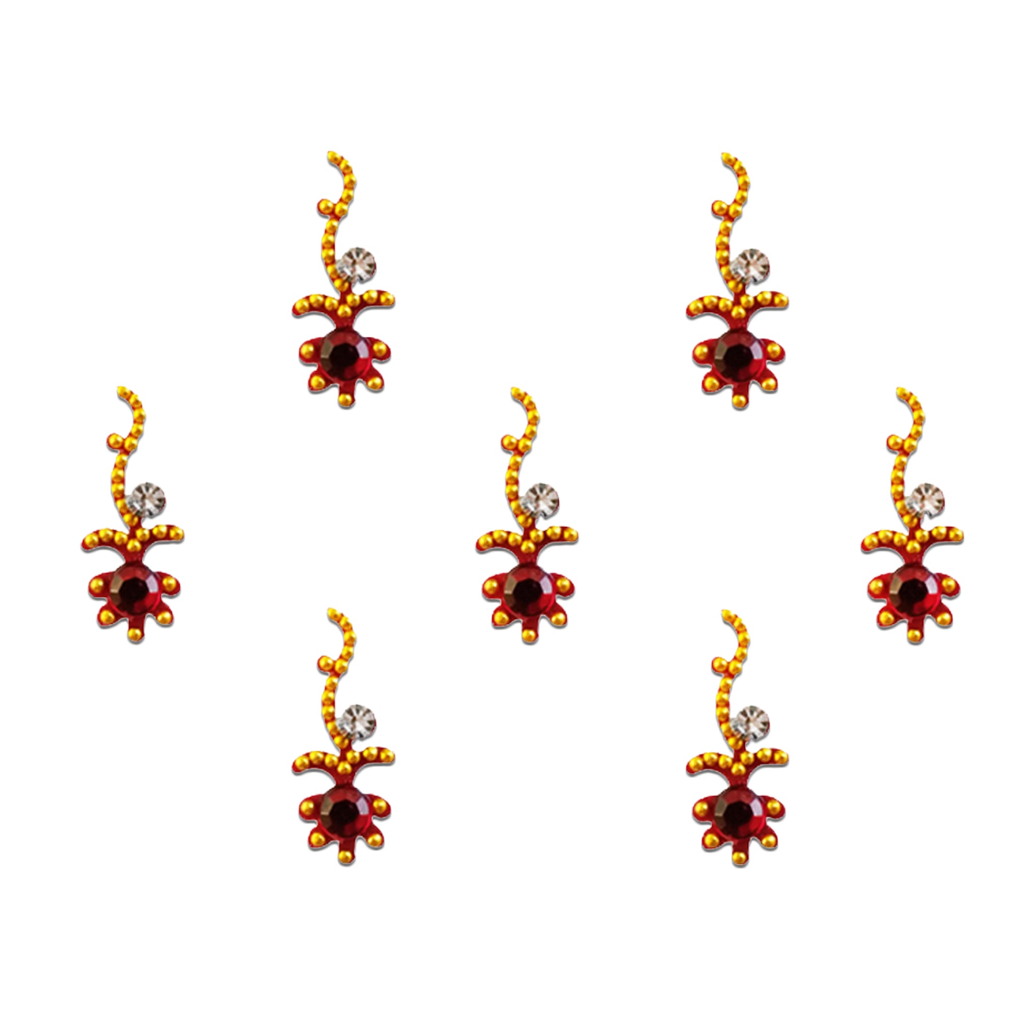 Comet Busters red floral designer bindi featuring a faceted red center stone, elegant gold vine detailing, and a sparkling crystal accent. Premium self-adhesive bindi set for women and girls, perfect for weddings, festivals, parties, cultural events, ethnic wear, and everyday traditional styling.