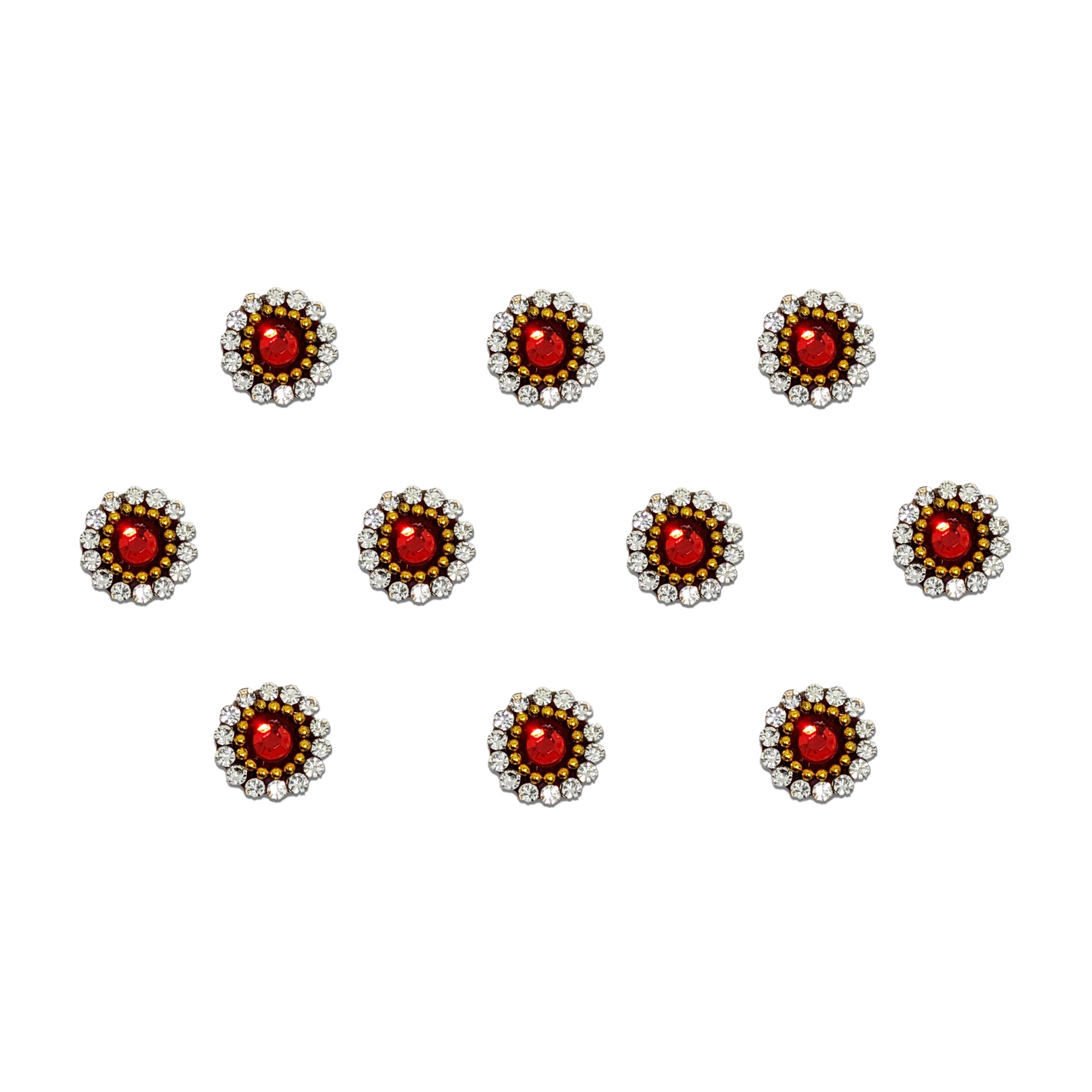 Comet Busters Ruby Halo Stone Bindi featuring a sparkling red crystal center surrounded by golden bead accents and a white rhinestone halo border in a round floral design. Premium self-adhesive bindis ideal for weddings, festivals, parties, and traditional ethnic wear.