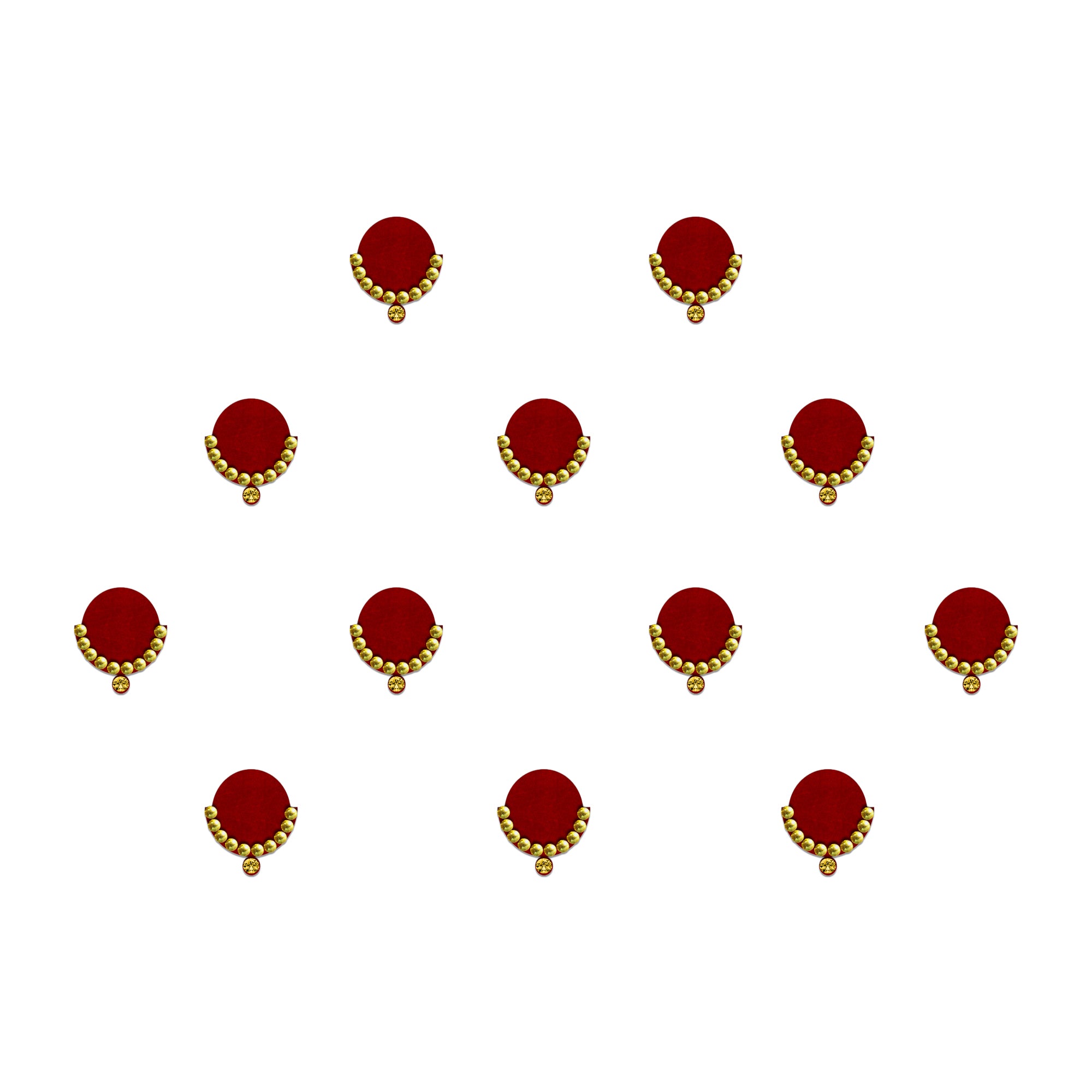 Red round fabric bindis featuring curved golden bead detailing with a small hanging gold accent