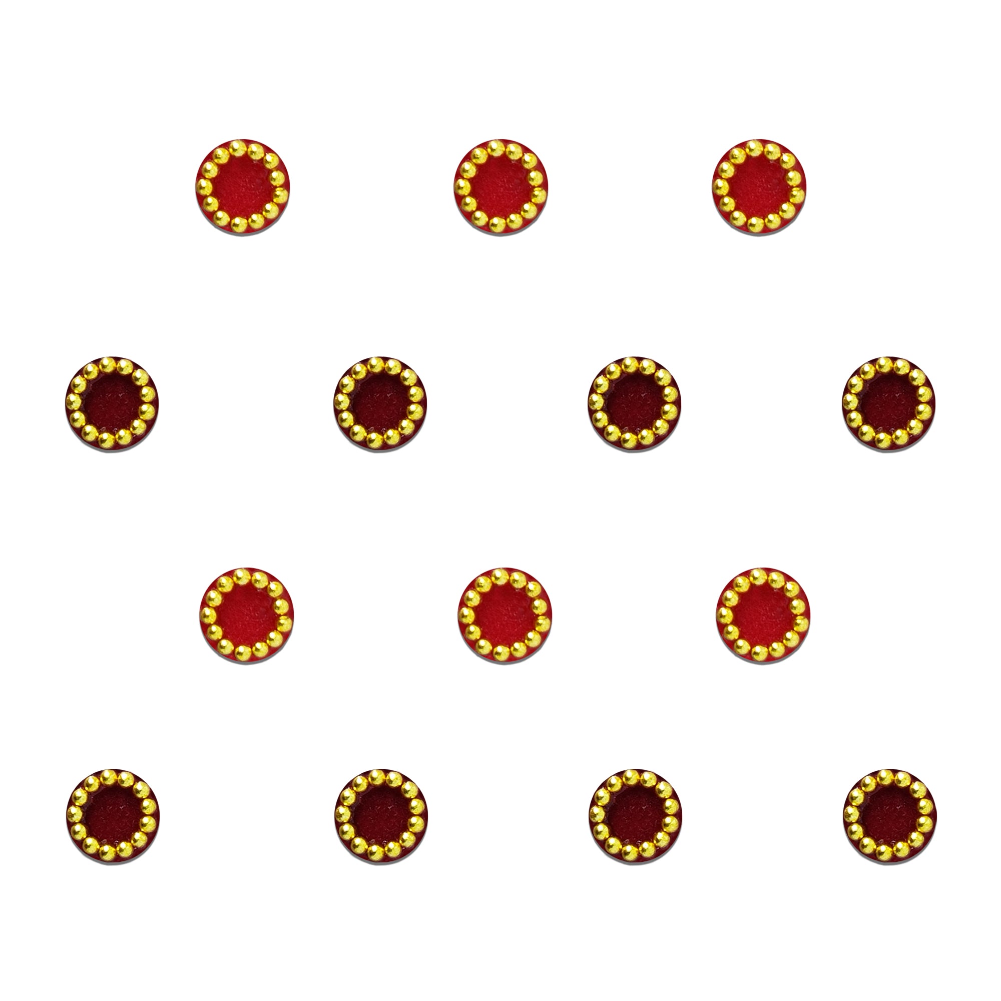 Comet Busters Ruby Red Gold Beaded Round Velvet Bindi featuring premium circular velvet bindis with an elegant gold bead border in rich ruby red. Self-adhesive traditional bindis for women and girls, ideal for daily wear, festive occasions, Navratr