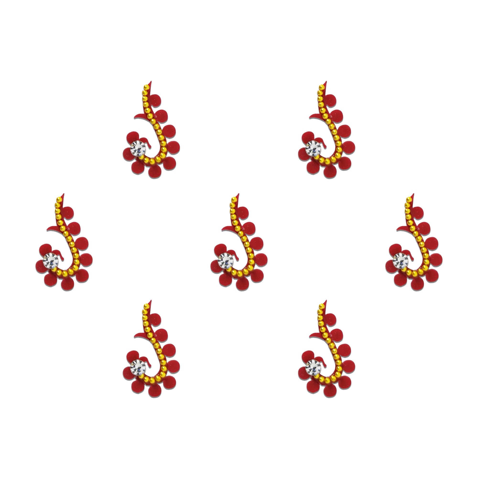 Comet Busters red and gold paisley designer bindi sheet featuring reusable self-adhesive bindis adorned with sparkling white stones, gold bead detailing, and red velvet accents. Elegant traditional bindis for women and girls, perfect for weddings, festivals, Navratri, pooja, cultural events, and ethnic party wear.