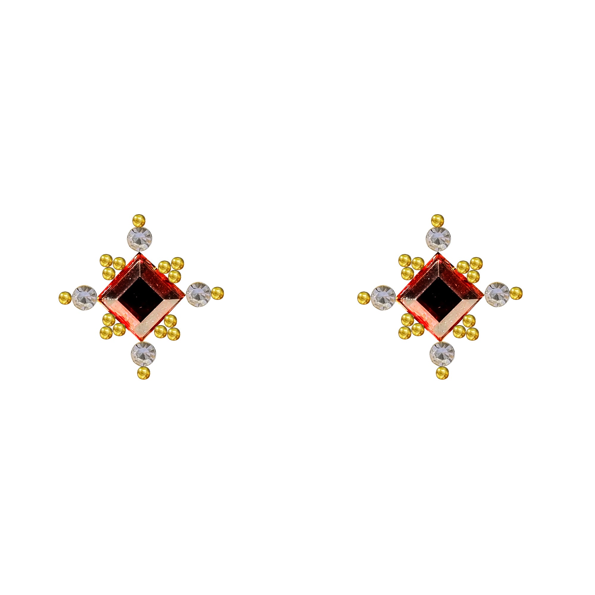 Comet Busters Red Square Crystal Ear Stud with Clear Rhinestones and Golden Bead Detailing for Women and Girls