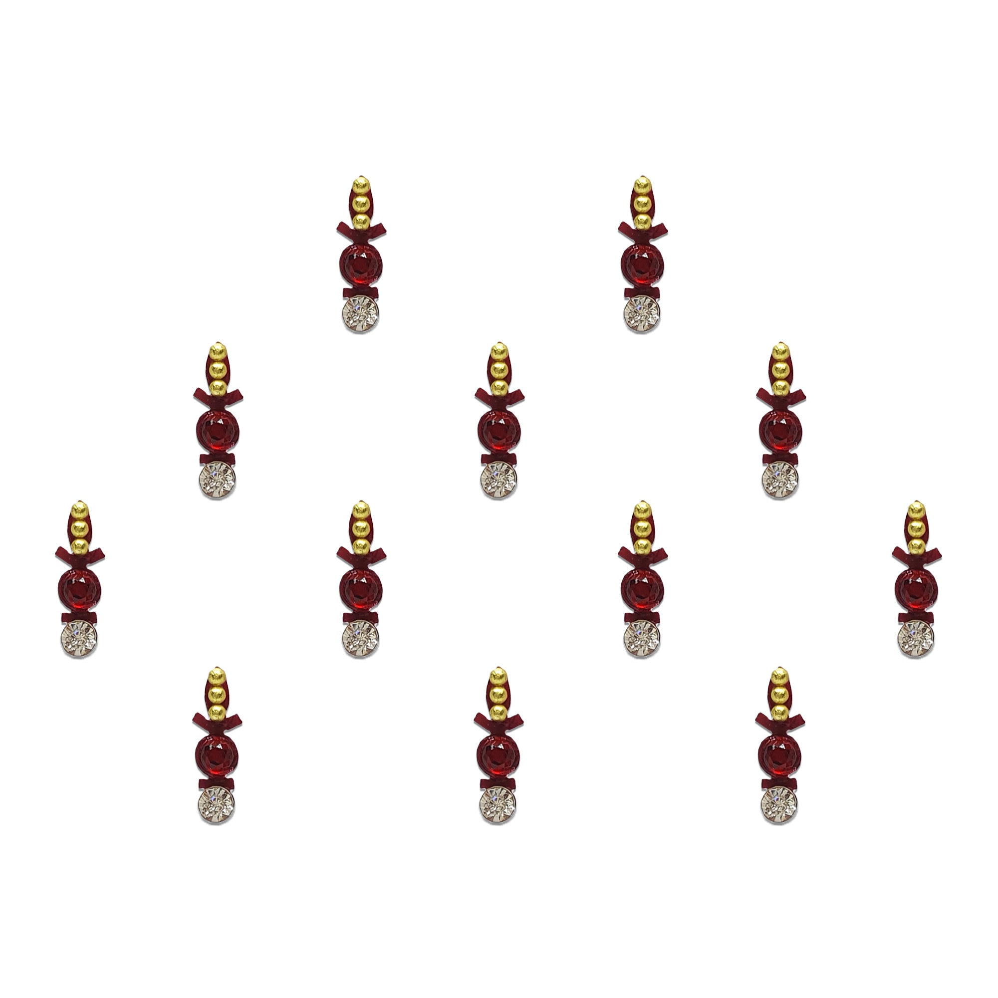 Comet Busters Red designer bindis featuring gold bead accents, a glossy black center stone, and sparkling crystal embellishments for elegant ethnic and festive wear.