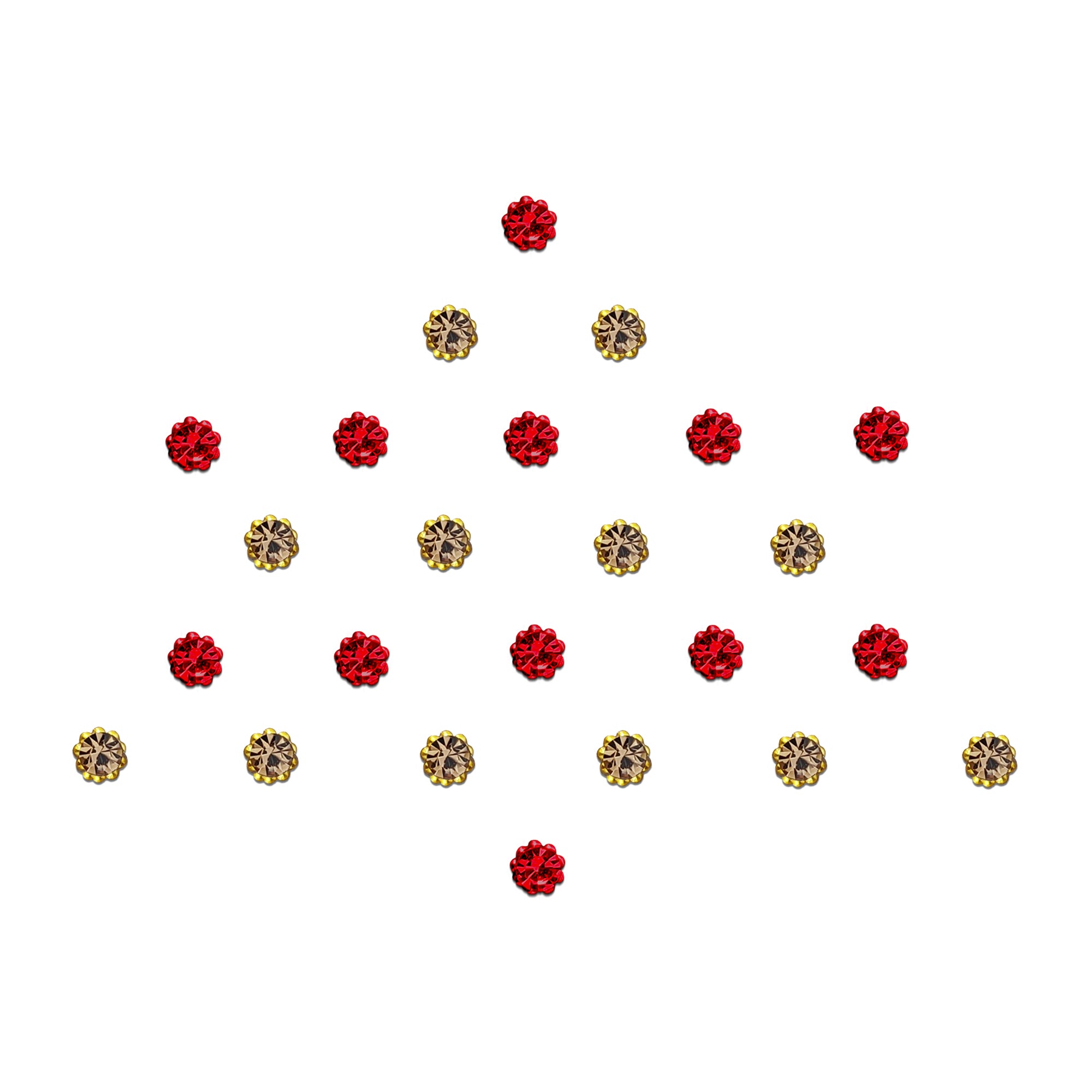 Comet Busters Ruby Crystal Trio Round Stone Bindi Set featuring sparkling round crystal bindis in ruby red, champagne gold, and golden-tone settings. Self-adhesive designer bindis for women and girls, ideal for weddings, festive celebrations, Navratri, Diwali, parties, traditional Indian wear, and everyday ethnic styling.
