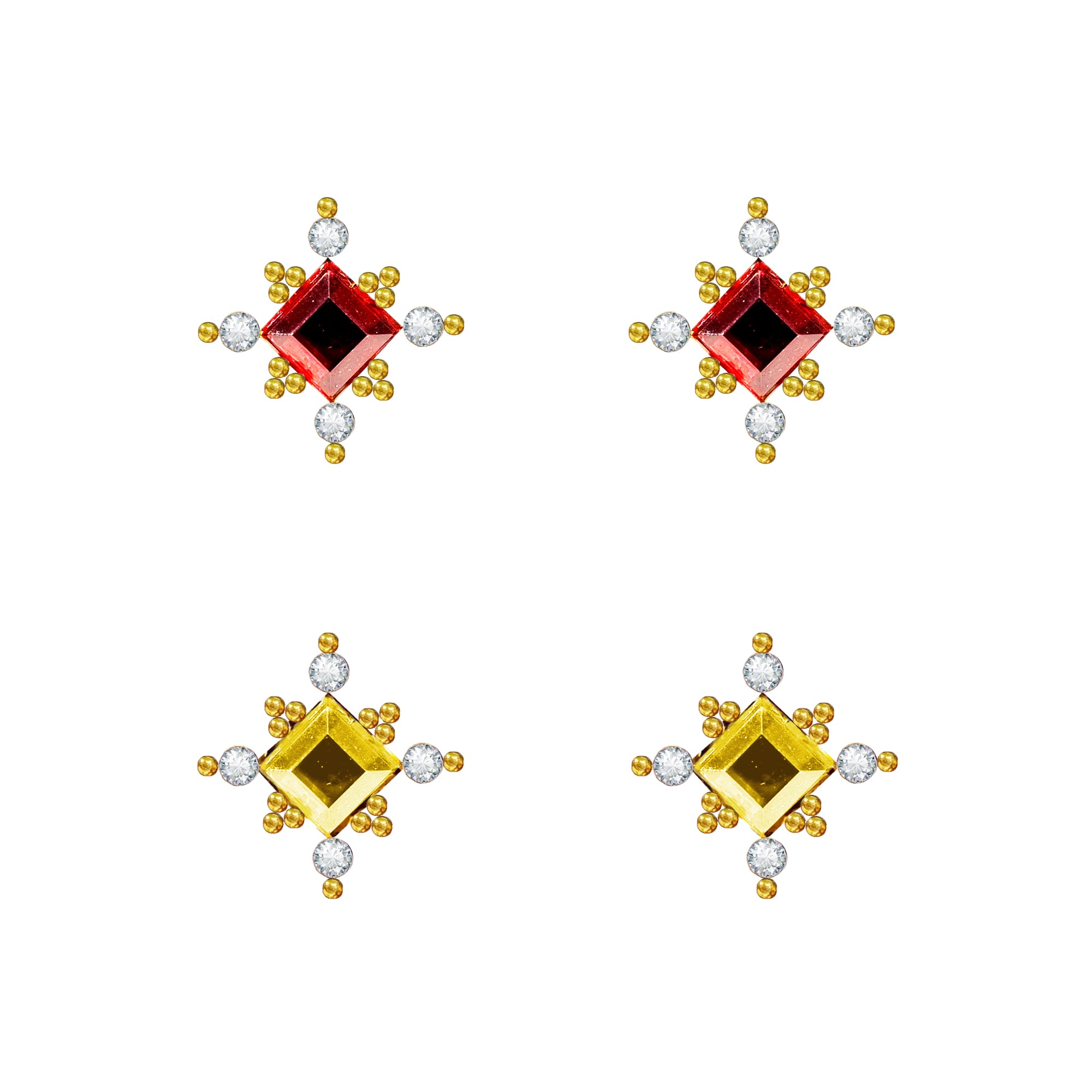 Comet Busters Red and Golden Square Crystal Ear Stud Set with Clear Rhinestones and Golden Bead Detailing for Women and Girls