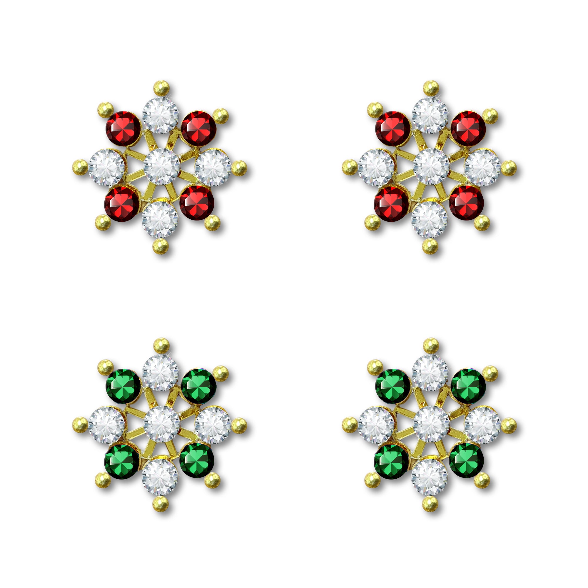 Comet Busters Red and Green Crystal Floral Ear Stud Set with Clear Rhinestones and Golden Detailing for Women and Girls
