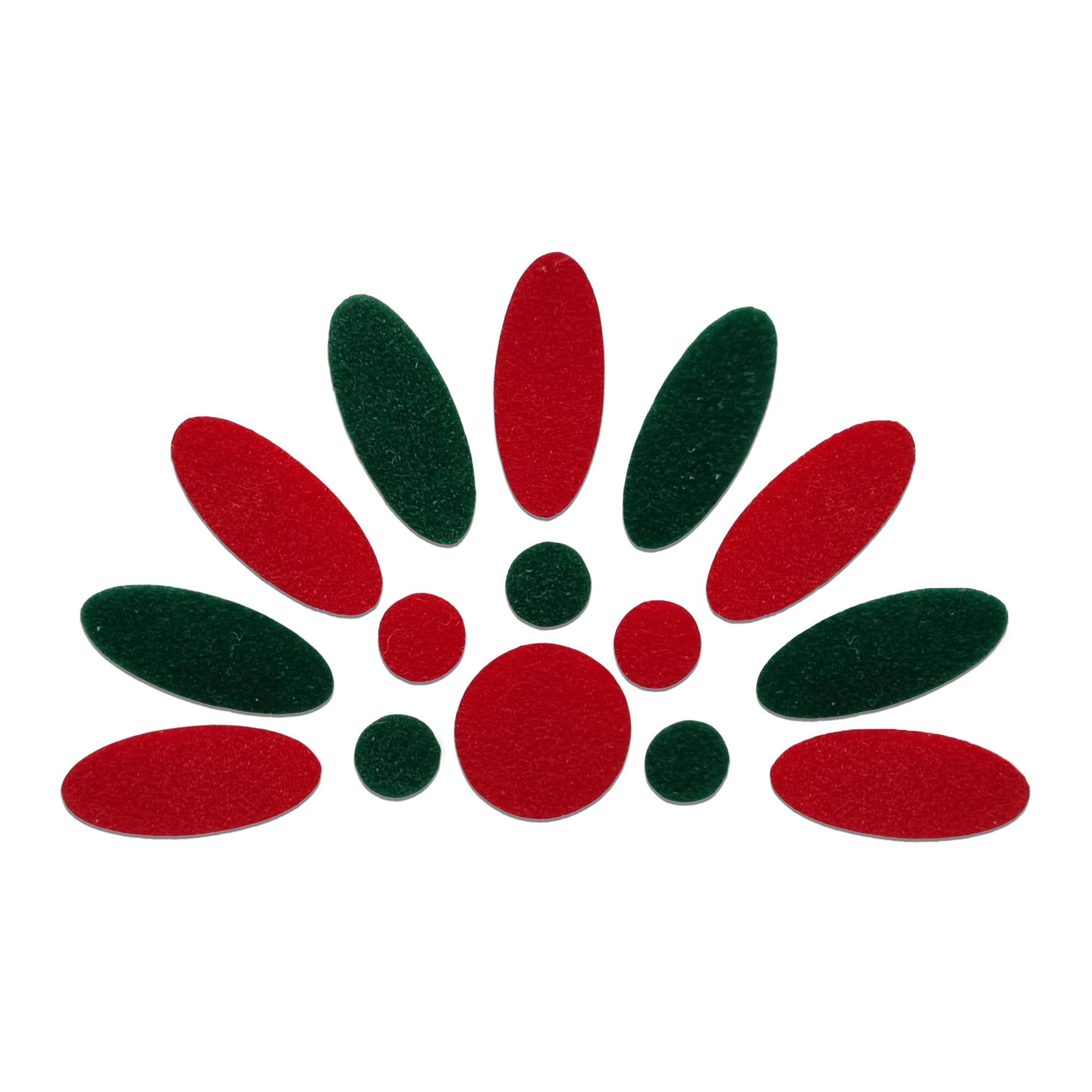 Comet Busters red & green floral arch bindi set, designer forehead sticker arrangement with oval and round bindis for women, ideal for weddings, bridal wear, Navratri, festivals, Bharatanatyam, temple visits, cultural events, and traditional Indian attire.