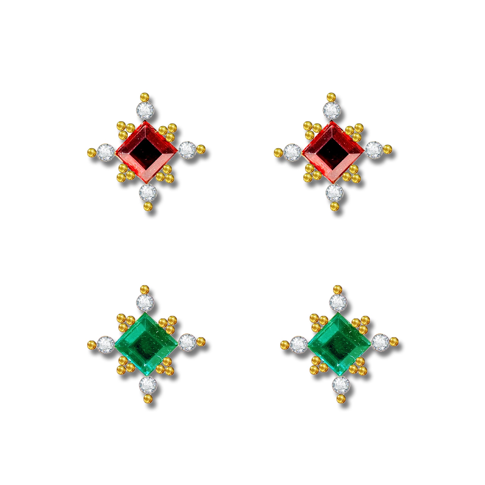 Comet Busters Red and Green Square Crystal Ear Stud Set with Clear Rhinestones and Golden Bead Detailing for Women and Gir