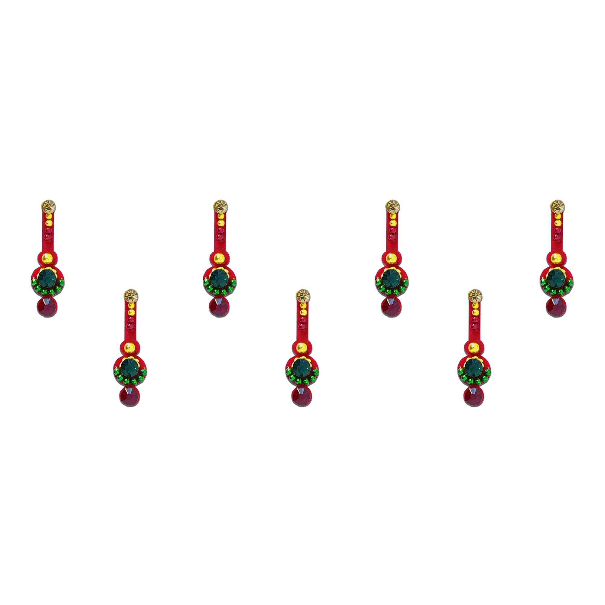 Comet Busters Ruby Red Long Designer Bindis with Green Stone Accents for Women and Girls, Traditional Crystal Forehead Bindis for Ethnic Wear