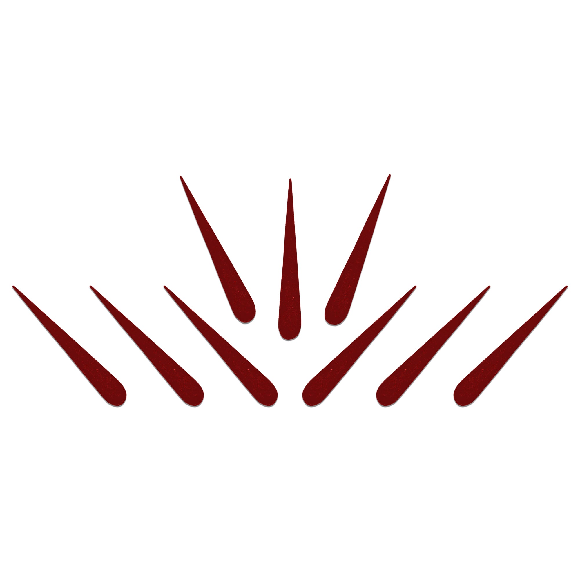 Comet Busters crimson red long drop tilak bindis featuring sleek elongated shapes in assorted sizes for traditional, festive, devotional, and ethnic forehead styling.