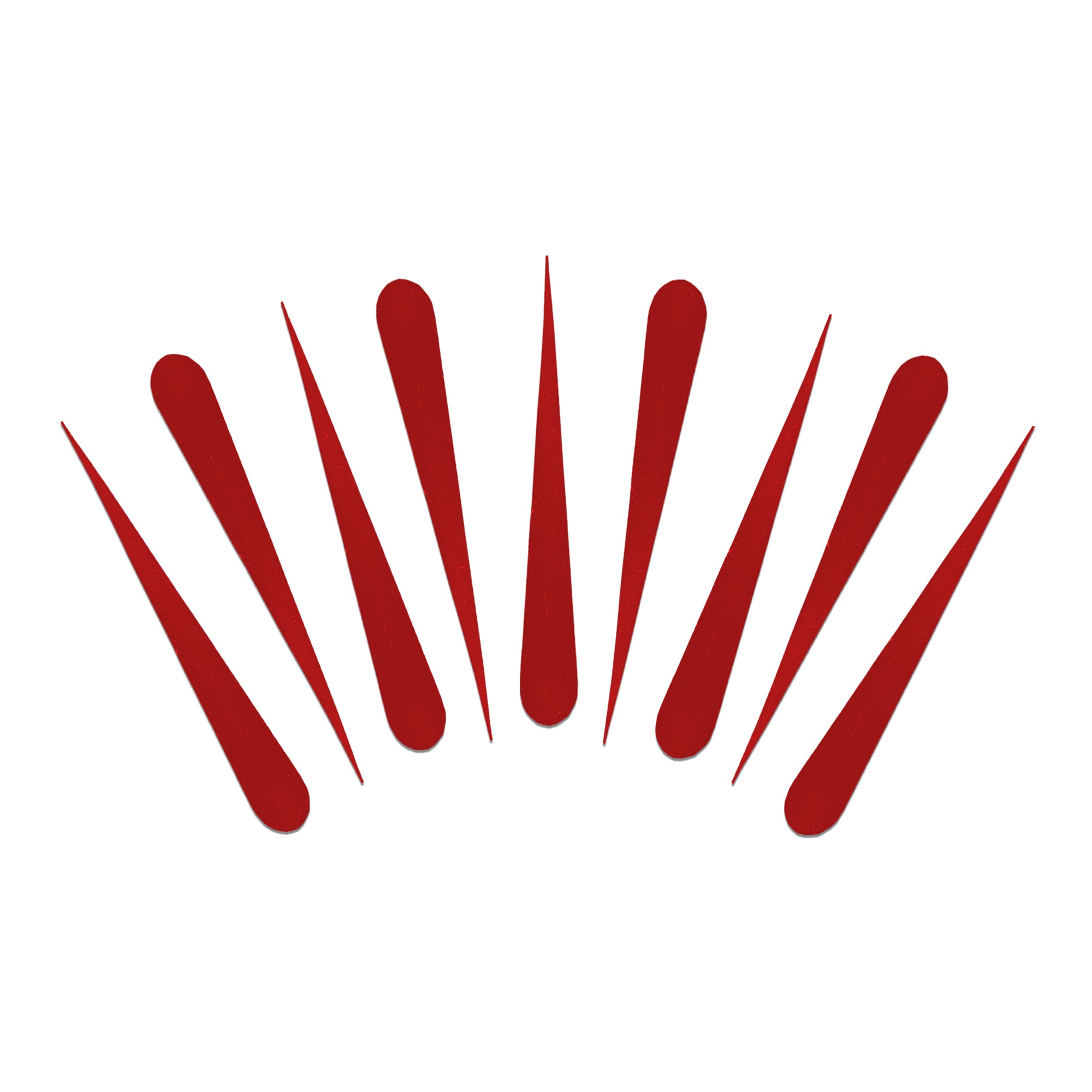 Comet Busters red long drop tilak bindis featuring sleek elongated shapes in assorted sizes for traditional, festive, devotional, and ethnic forehead styling.
