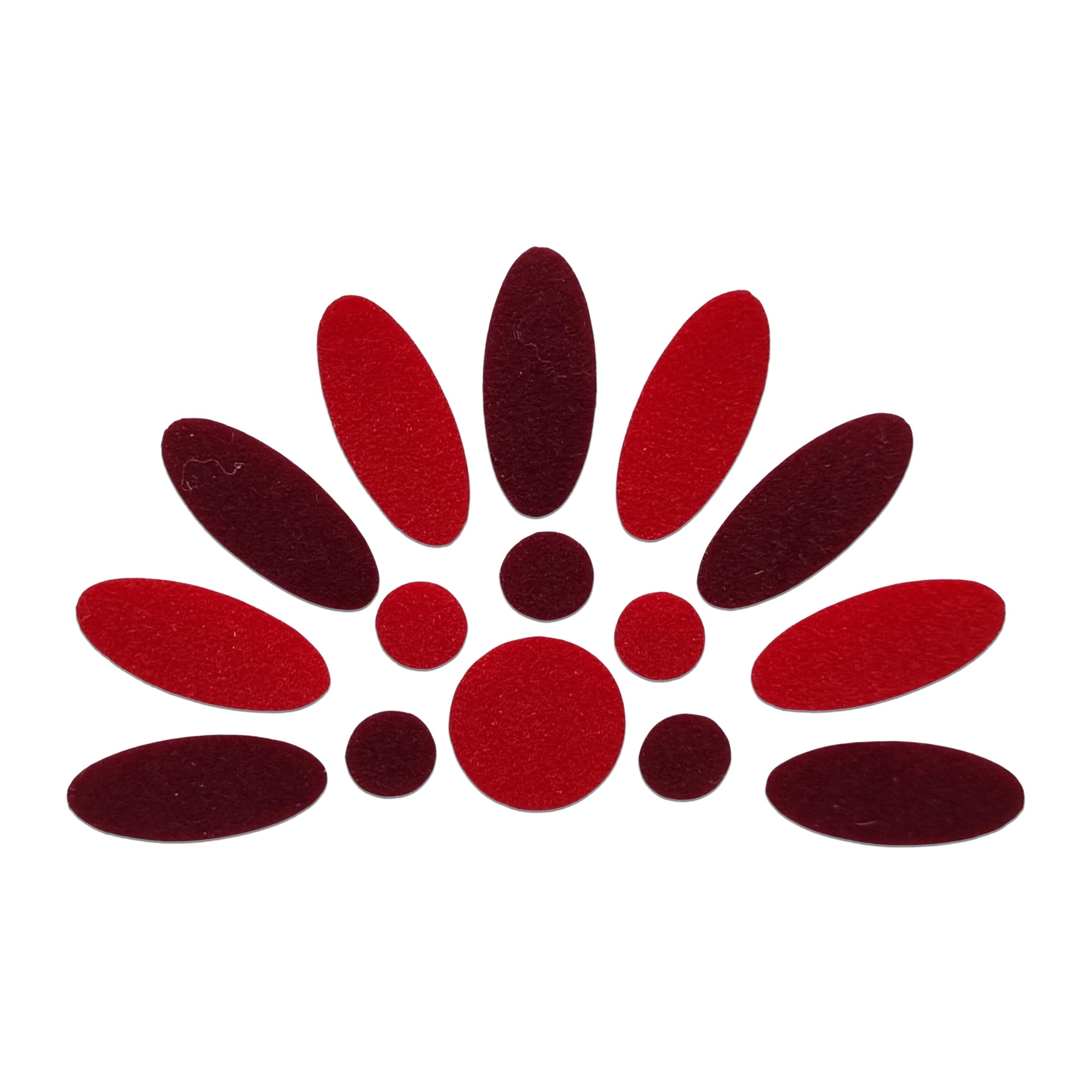 Comet Busters maroon and red floral arch bindi set, designer forehead sticker arrangement with oval and round bindis for women, ideal for Bharatanatyam, Kuchipudi, weddings, Navratri, temple visits, cultural events, and traditional Indian attire.