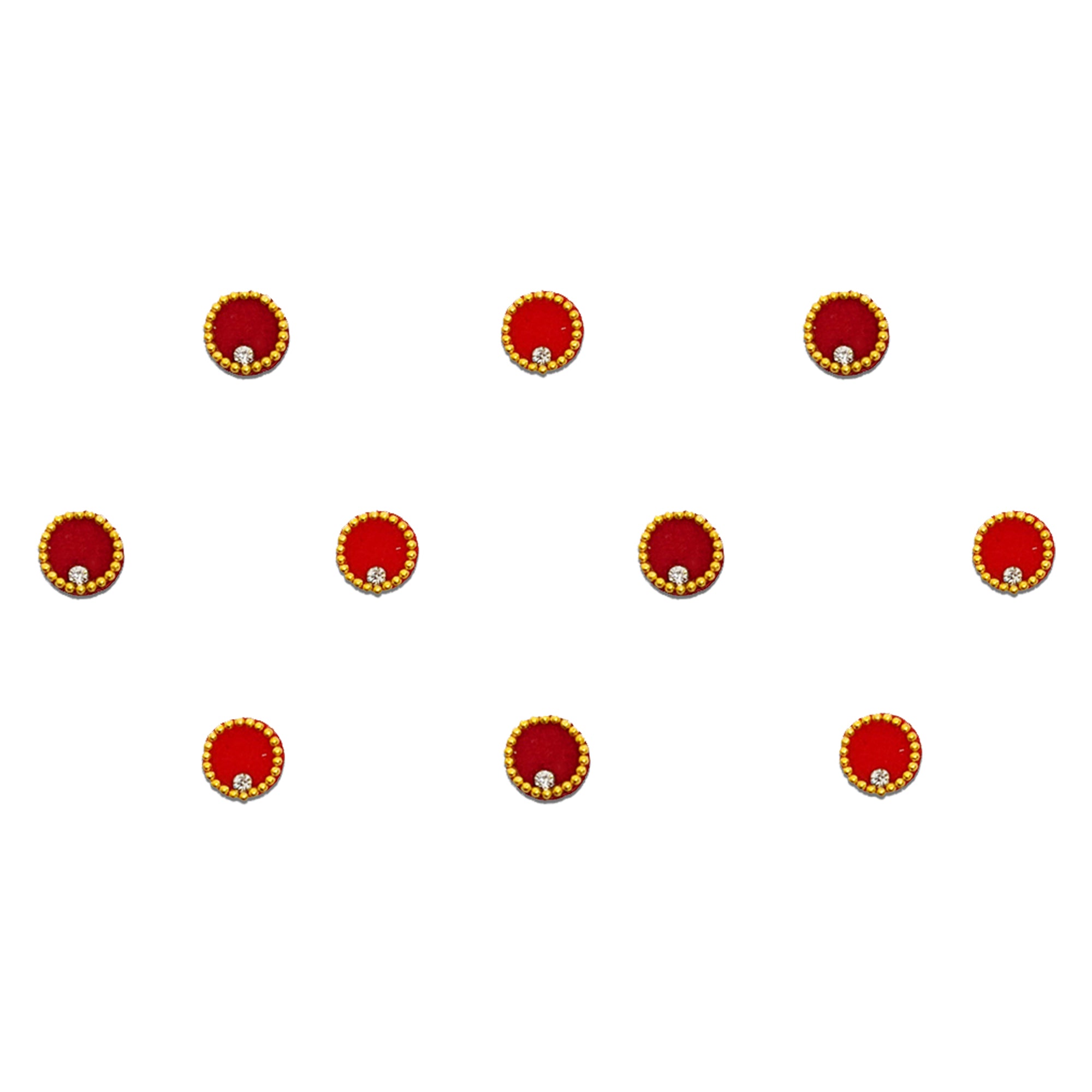 Multicolor round velvet bindis with gold bead borders and crystal accents.