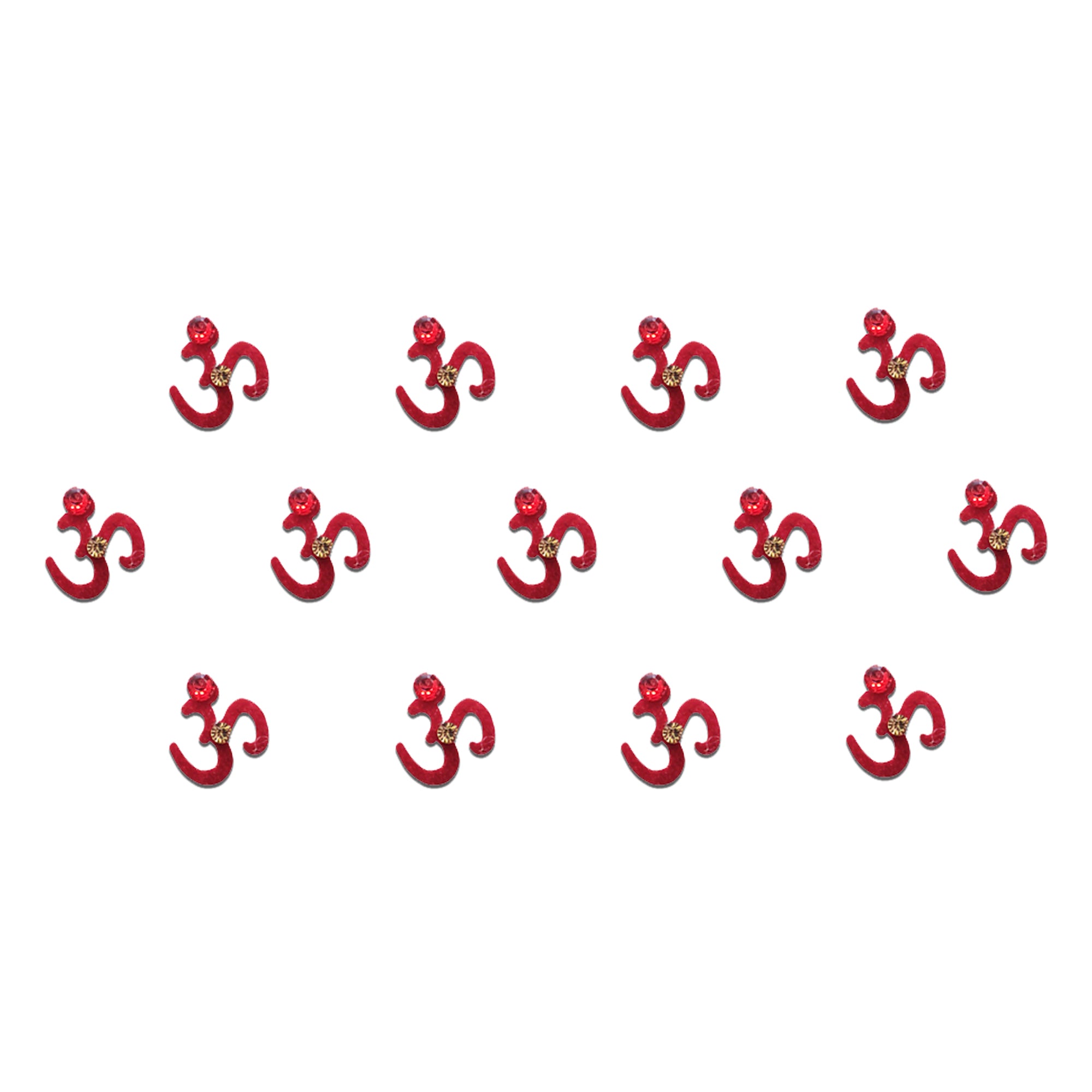 Comet Busters red Om symbol designer bindis featuring crystal embellishments, self-adhesive spiritual bindis for women and girls.
