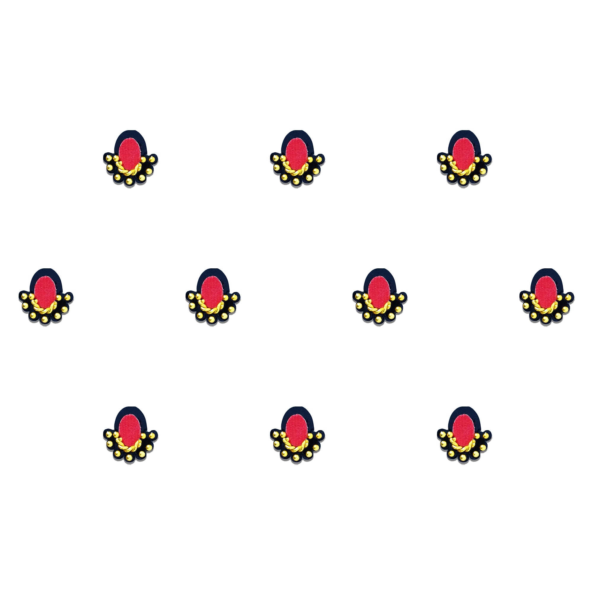 Comet Busters Red Oval Velvet Designer Stick-On Bindi featuring a black petal border with gold bead embellishments, reusable self-adhesive ethnic bindi for women and girls