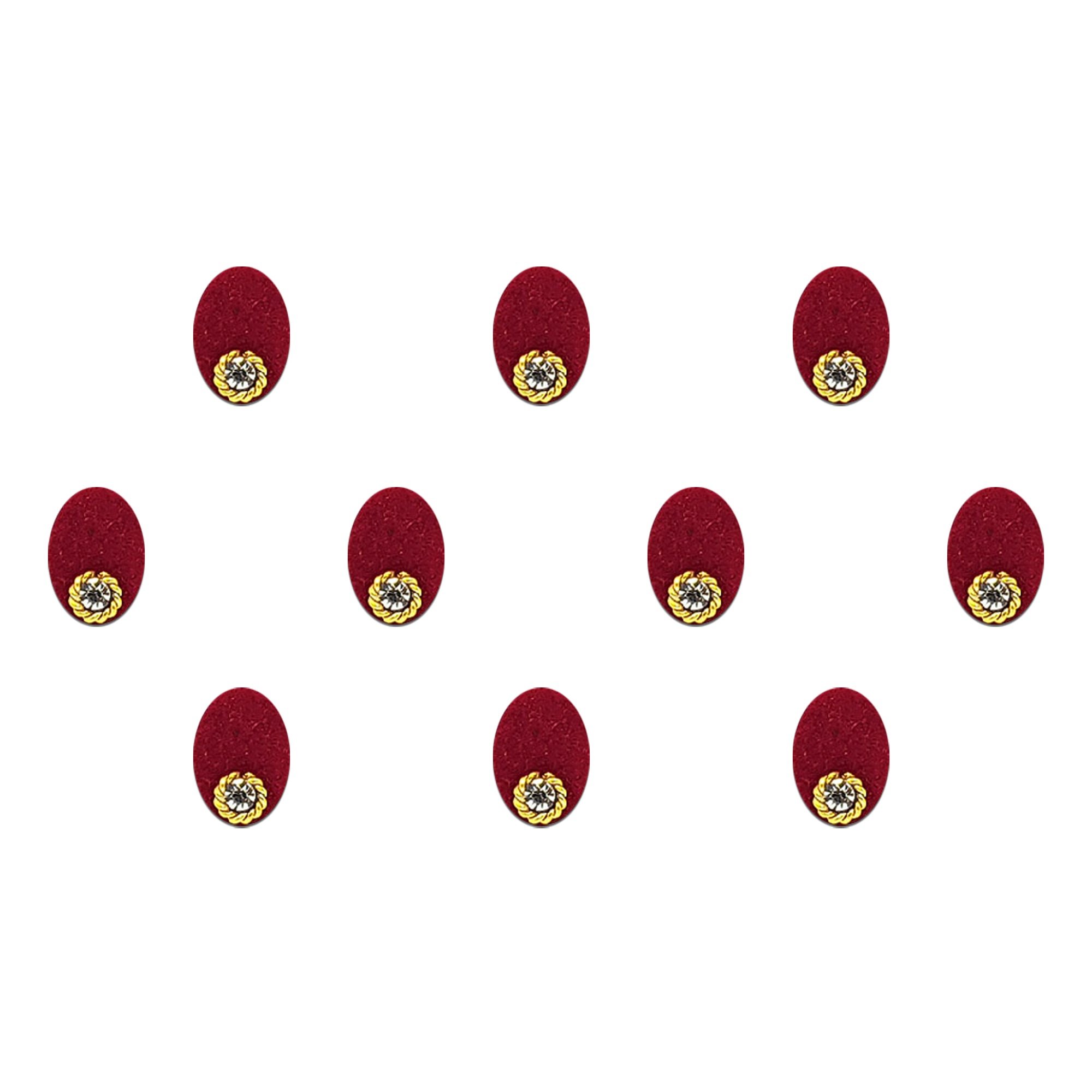 Comet Busters multicolor oval velvet stone bindis featuring colorful oval bindis in green, yellow, purple, blue, black, pink, red, and navy shades with sparkling crystal stone accents and golden border detailing for festive and traditional wear.