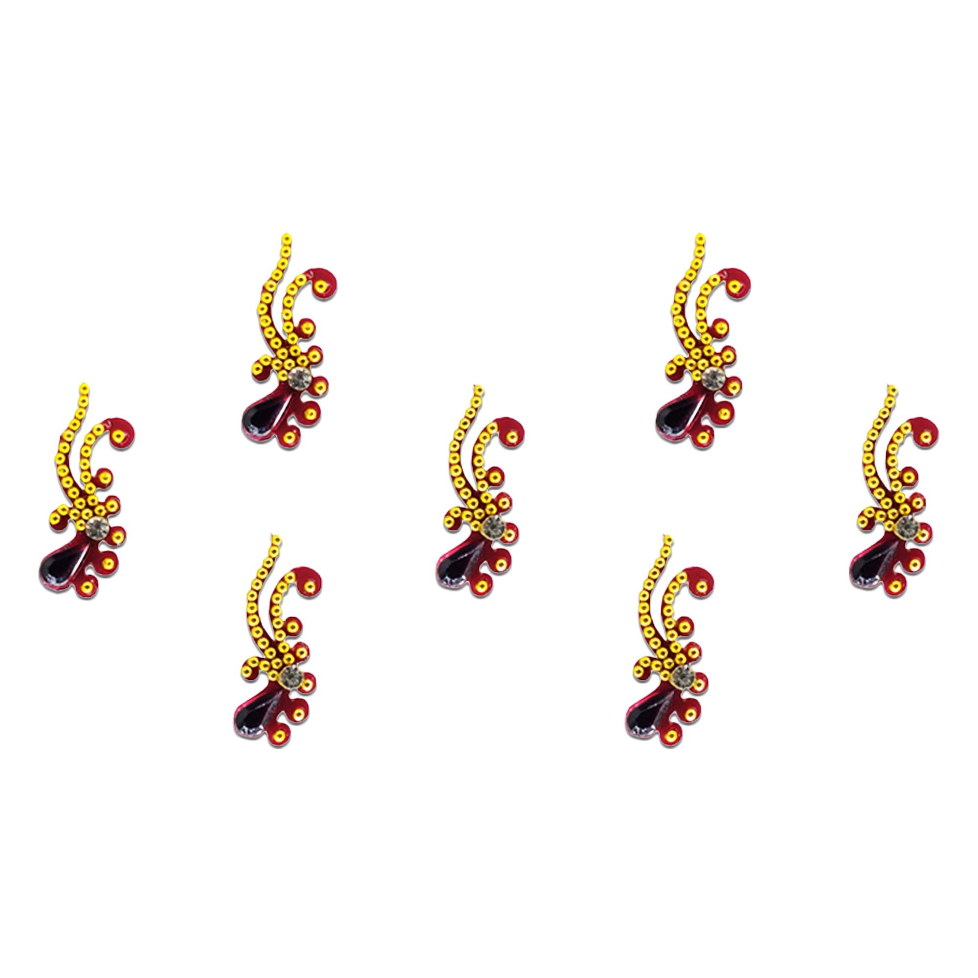 Comet Busters red paisley designer bindi featuring elegant gold bead swirl detailing, a maroon teardrop stone, and a sparkling crystal center. Premium self-adhesive bindi set for women and girls, perfect for weddings, festivals, parties, cultural events, ethnic wear, and everyday traditional styling.