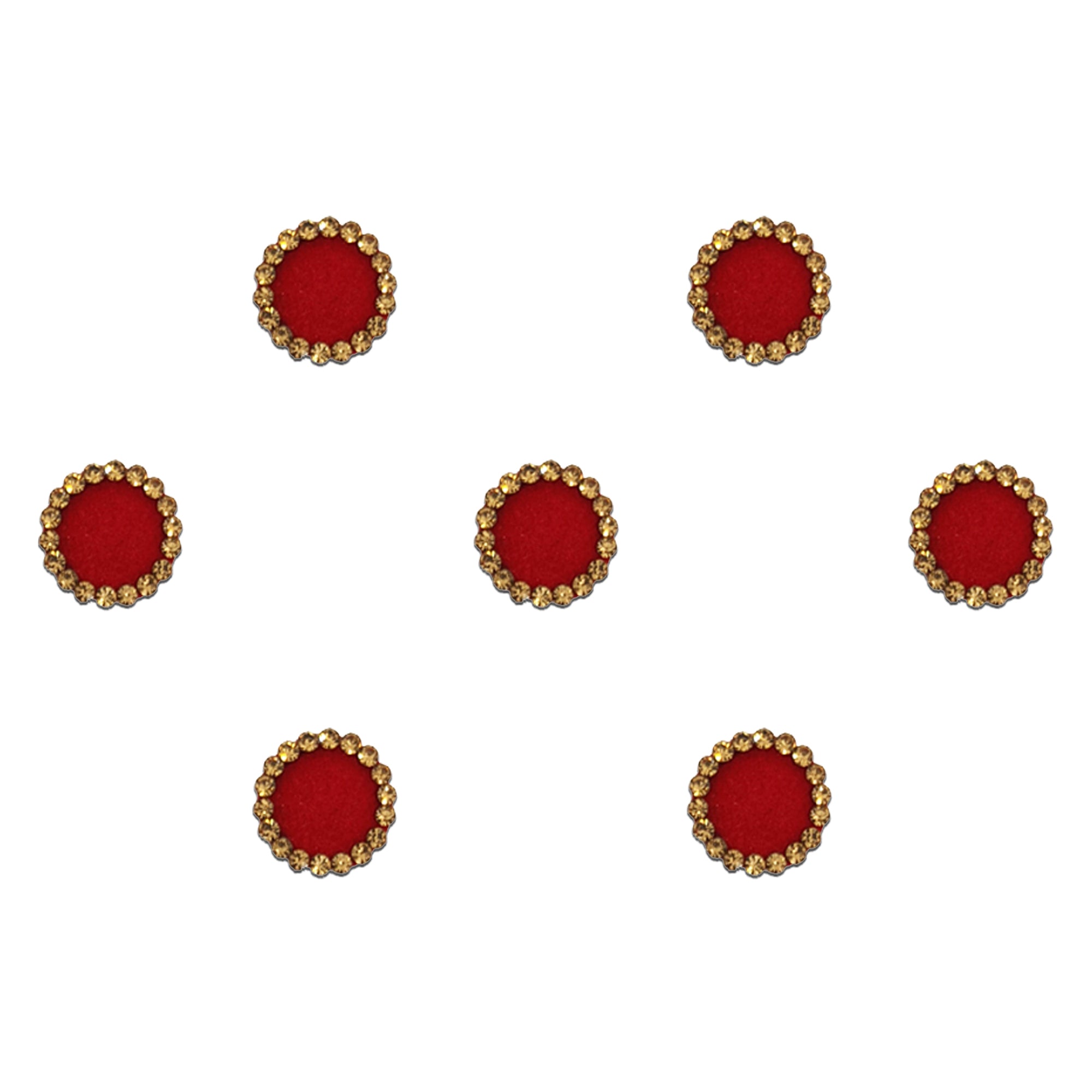 Comet Busters red round bindis with elegant gold decorative borders in a classic traditional designer style for festive and ethnic wear.