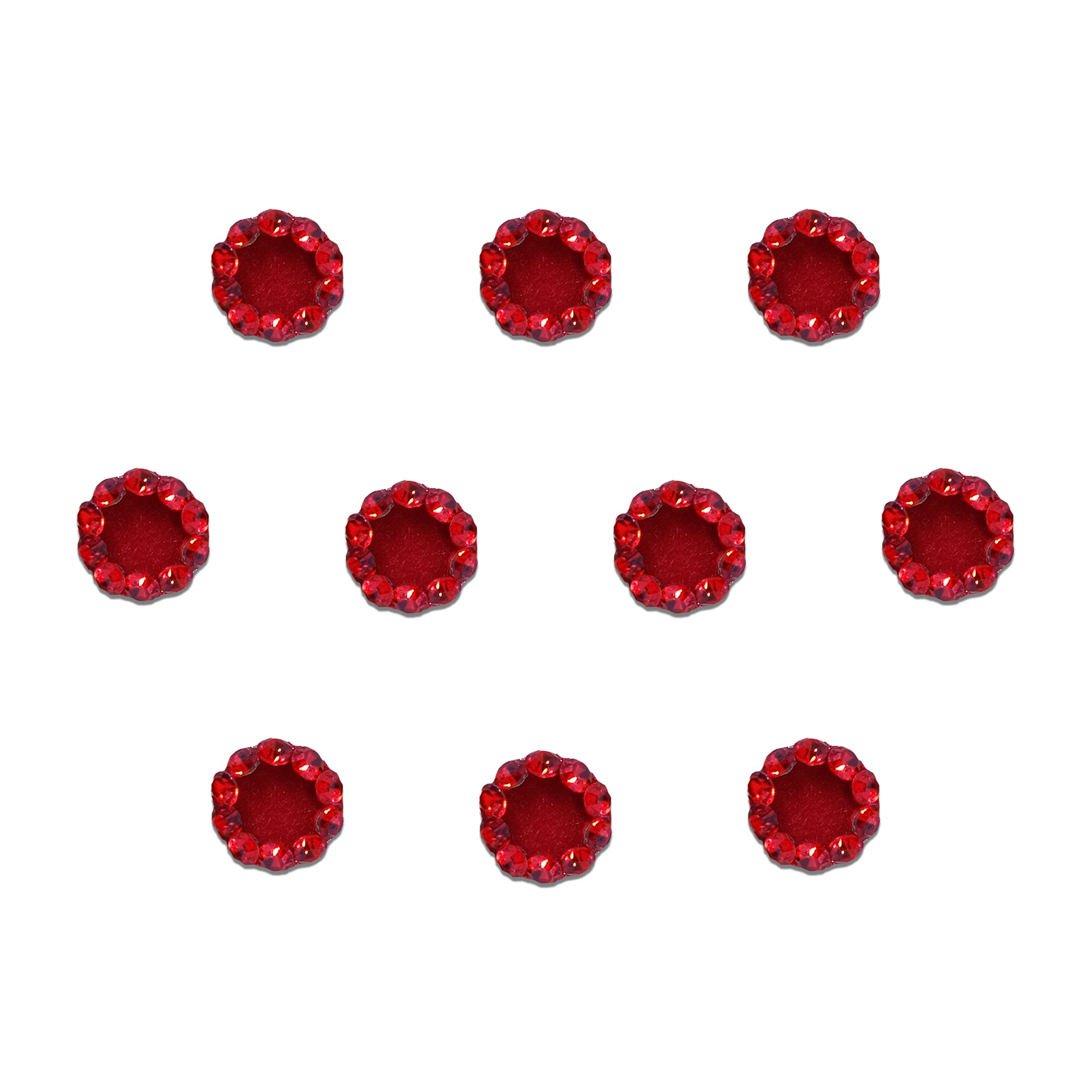 Comet Busters premium red round velvet bindis with sparkling crystal border, perfect for bridal, festive, and traditional wear.