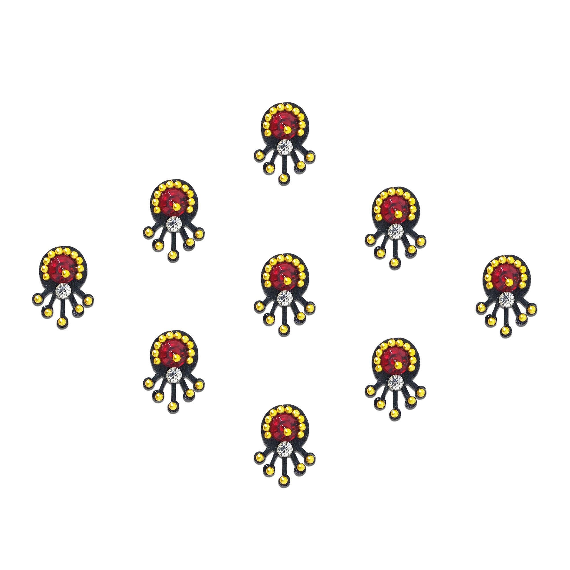 Comet Busters red round stone designer bindi featuring a gold bead halo, sparkling crystal accent, and decorative black drop detailing. Premium self-adhesive bindi set for women and girls, perfect for weddings, festivals, parties, ethnic wear, cultural events, and everyday traditional styling.