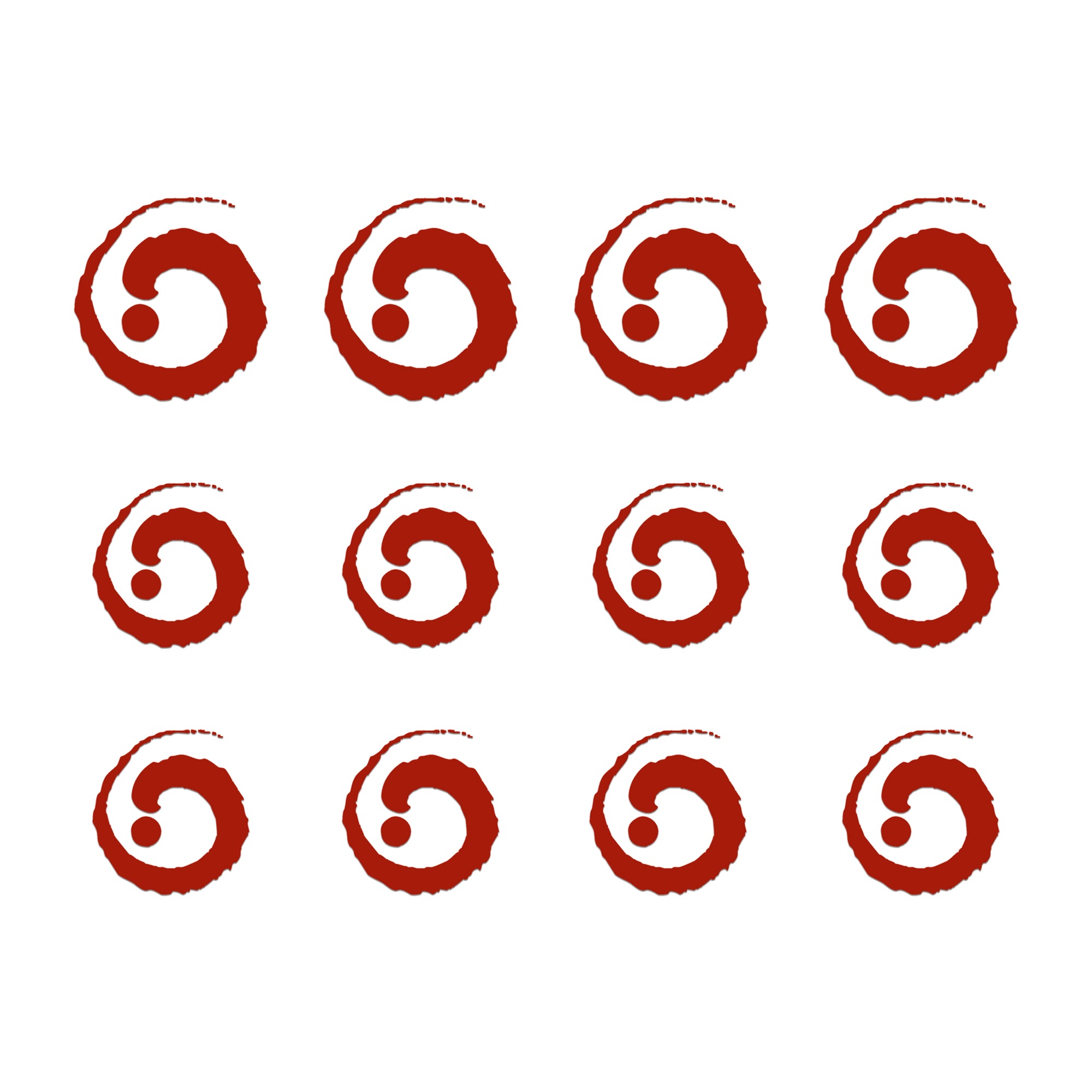 Comet Busters red spiral bindis featuring artistic circular swirl patterns