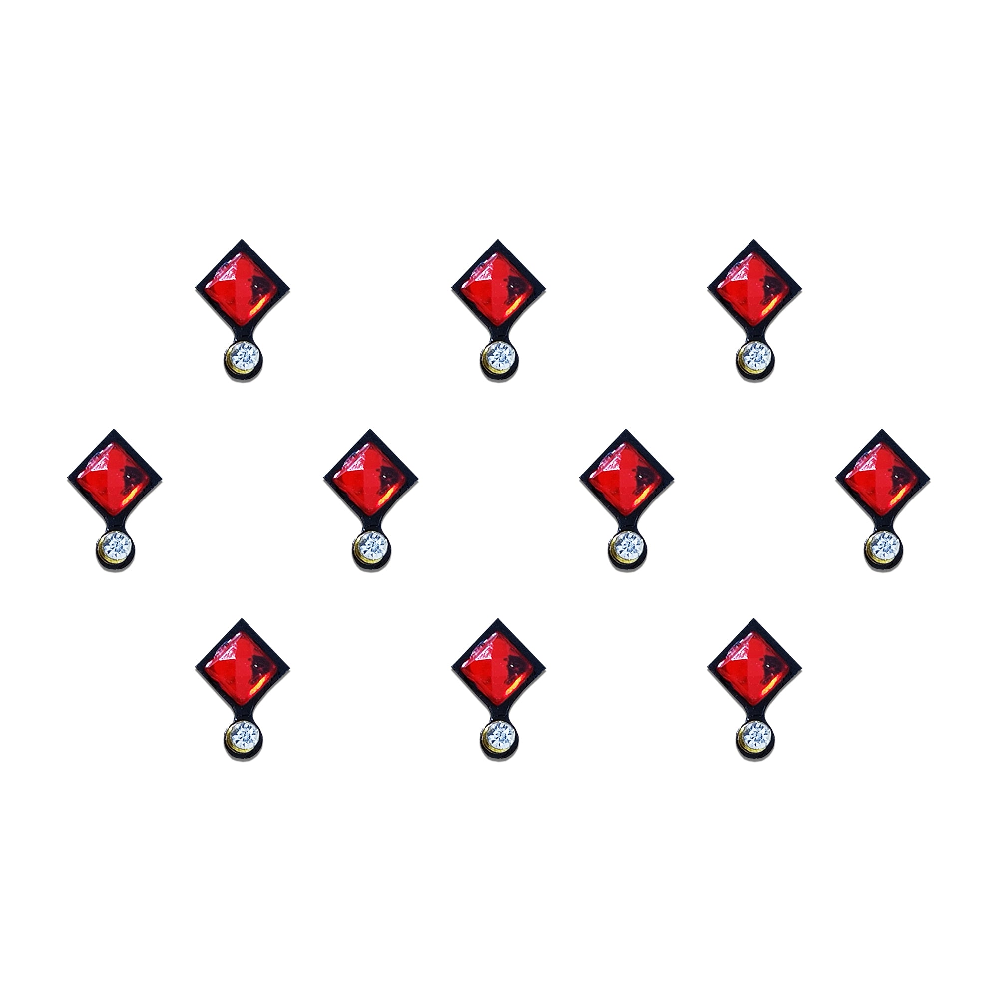 Comet Busters Square Stone Drop Bindi featuring a vibrant ruby red square-cut crystal in a diamond orientation paired with a sparkling clear round stone drop. Self-adhesive designer bindi for women and girls, ideal for weddings, festivals, Navratri, Diwali, Karwa Chauth, bridal wear, parties, and traditional ethnic outfits.
