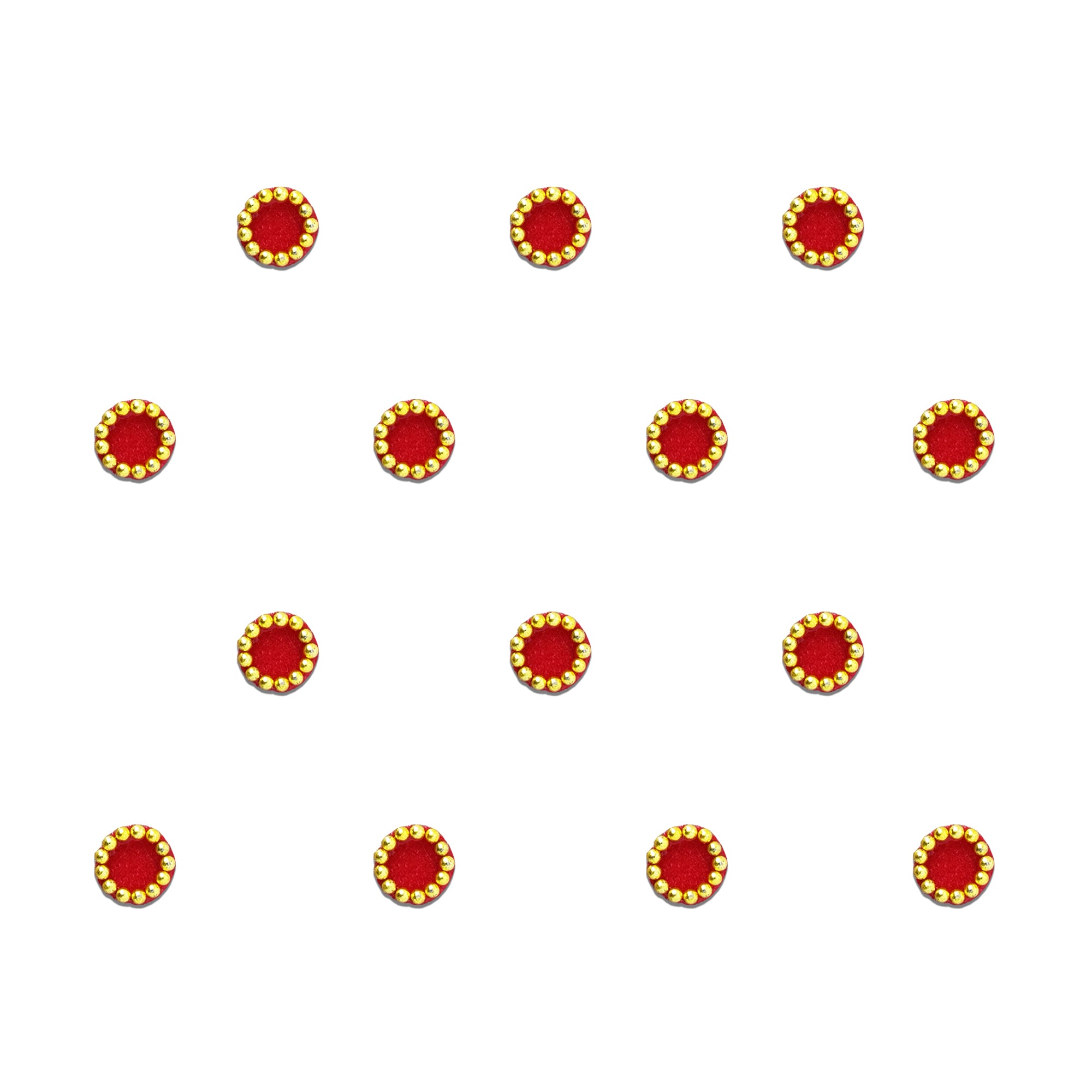 red Stone Circle Velvet Bindi by Comet Busters featuring a rich red velvet center surrounded by a ring of sparkling golden stones. Reusable self-adhesive round bindi for women and girls, ideal for weddings, festive occasions, traditional attire, ethnic wear, and cultural celebrations.