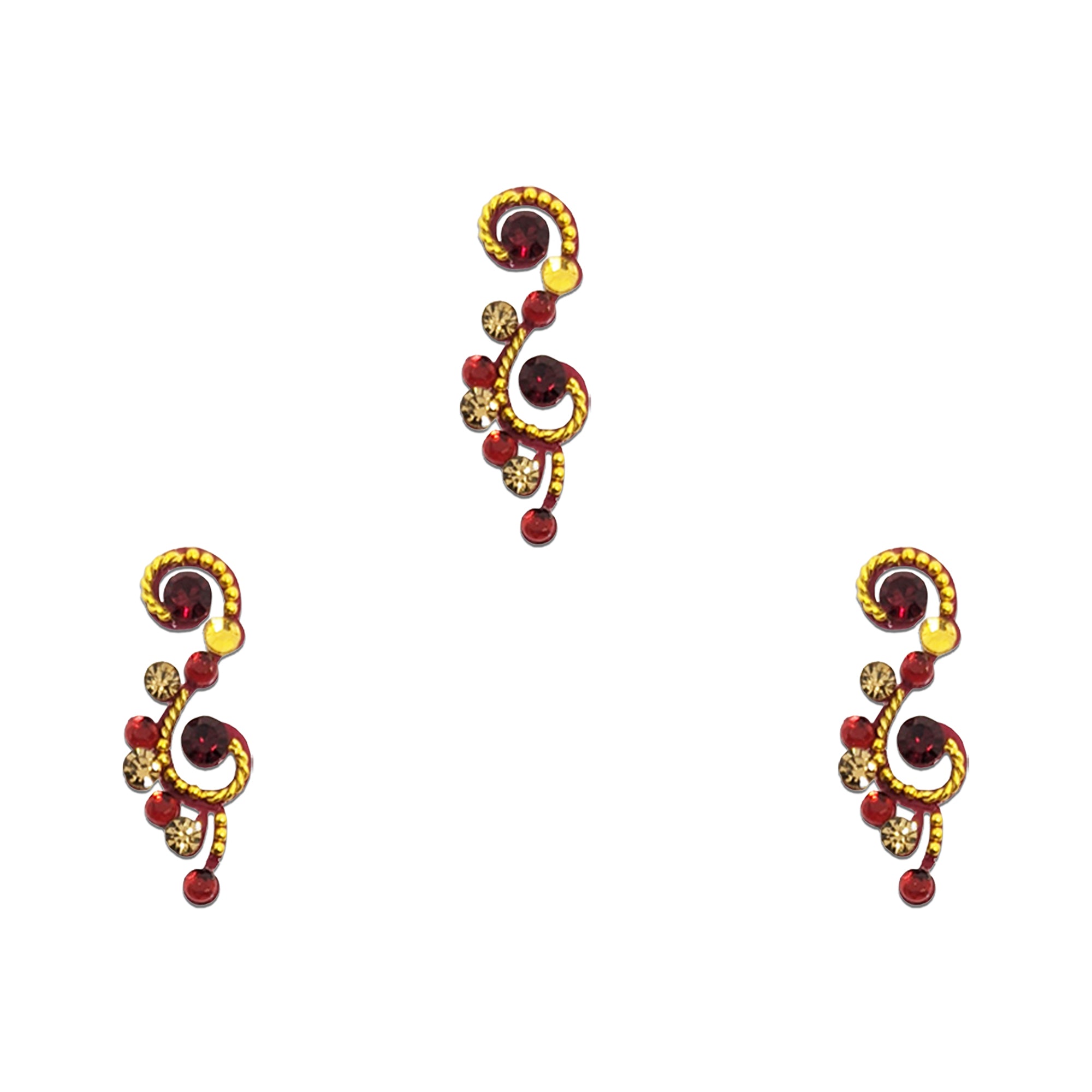 Comet Busters red stone swirl designer bindis featuring elegant golden swirl patterns decorated with red crystals and golden stones for festive, party, and traditional ethnic wear.