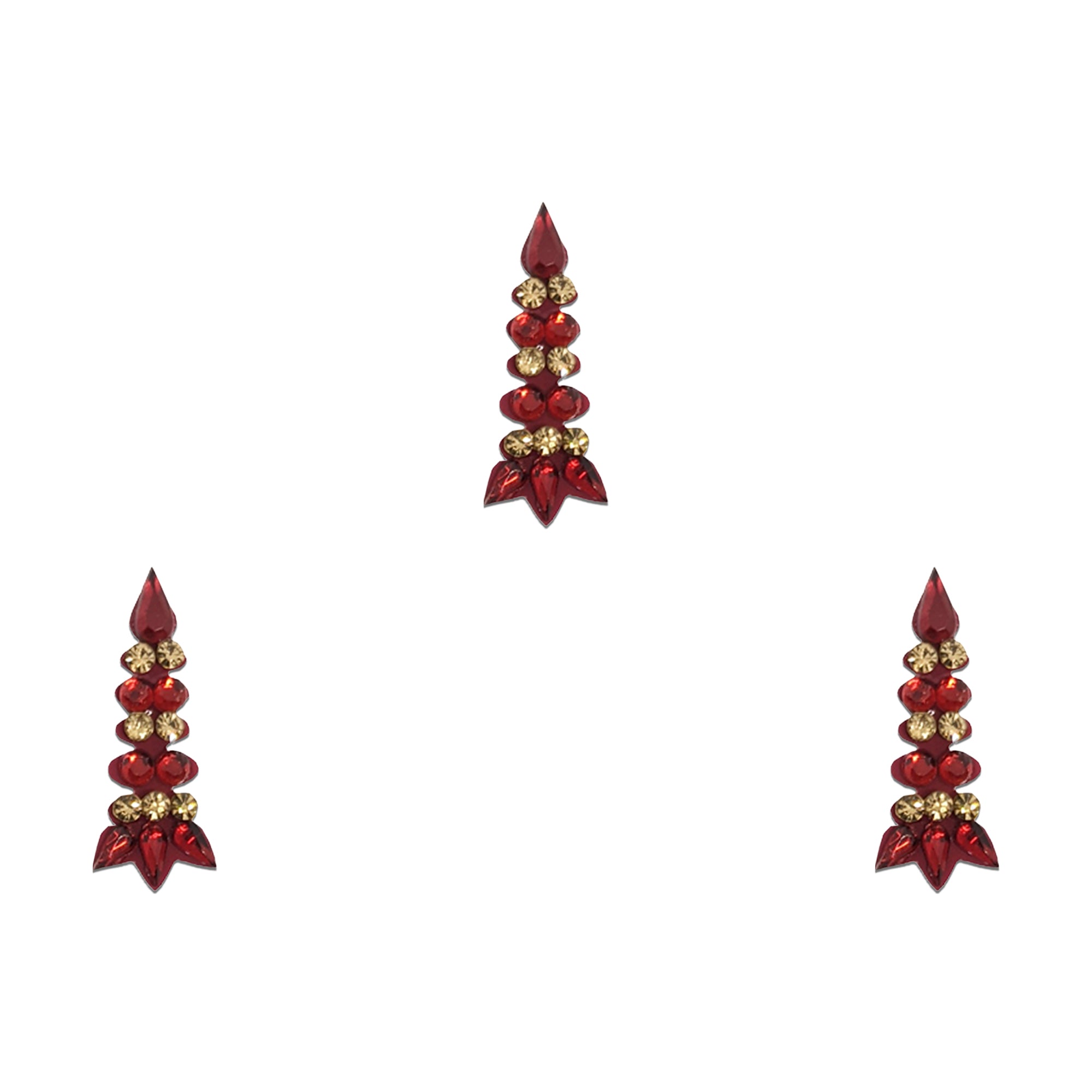 Comet Busters red stone arrow designer bindis featuring elongated red crystal bindis with golden stones and teardrop accents for festive, bridal, and traditional ethnic wear.