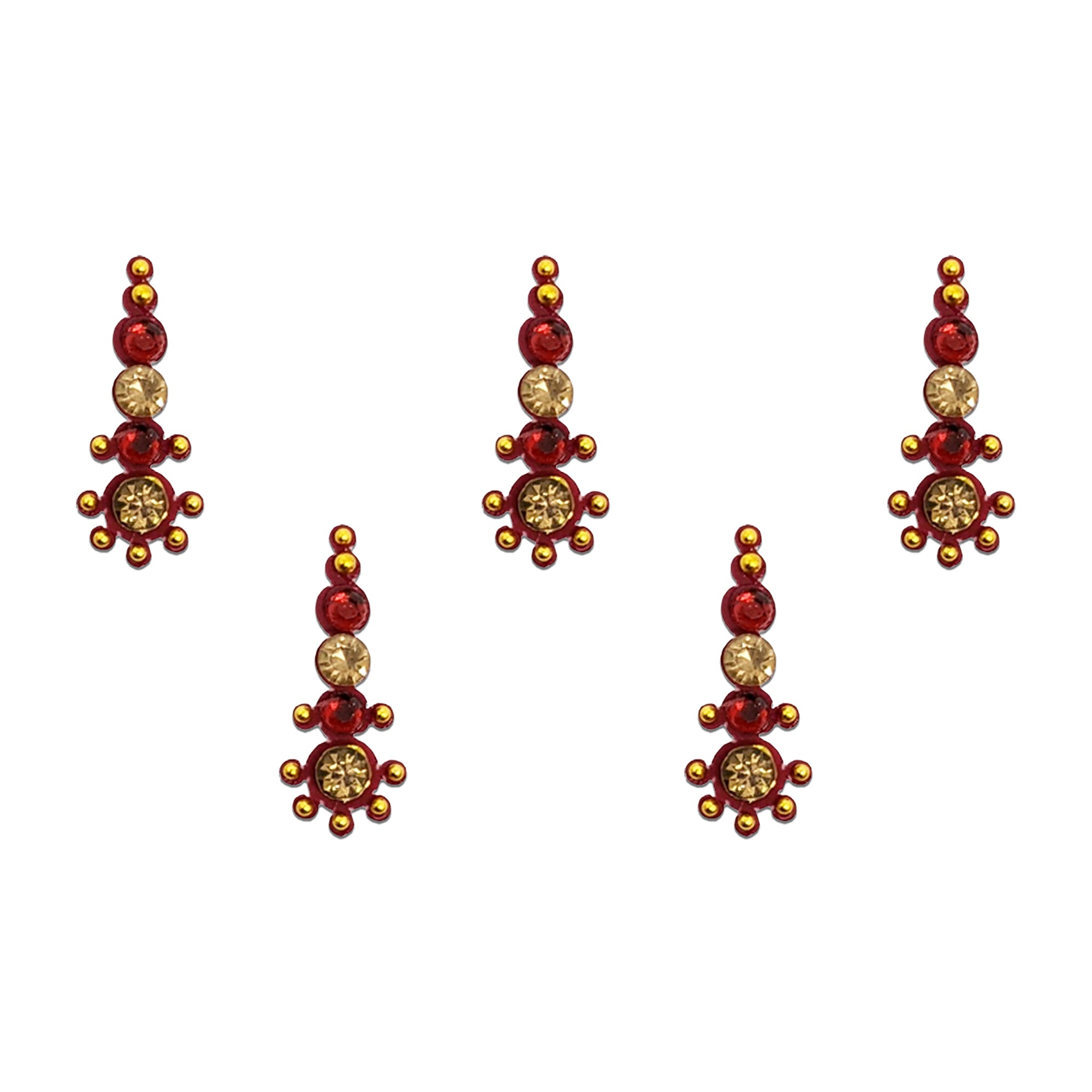 Comet Busters red stone drop designer bindis featuring elongated maroon bindis with red and golden crystal stones, circular accents, and bead detailing for festive and traditional ethnic wear.