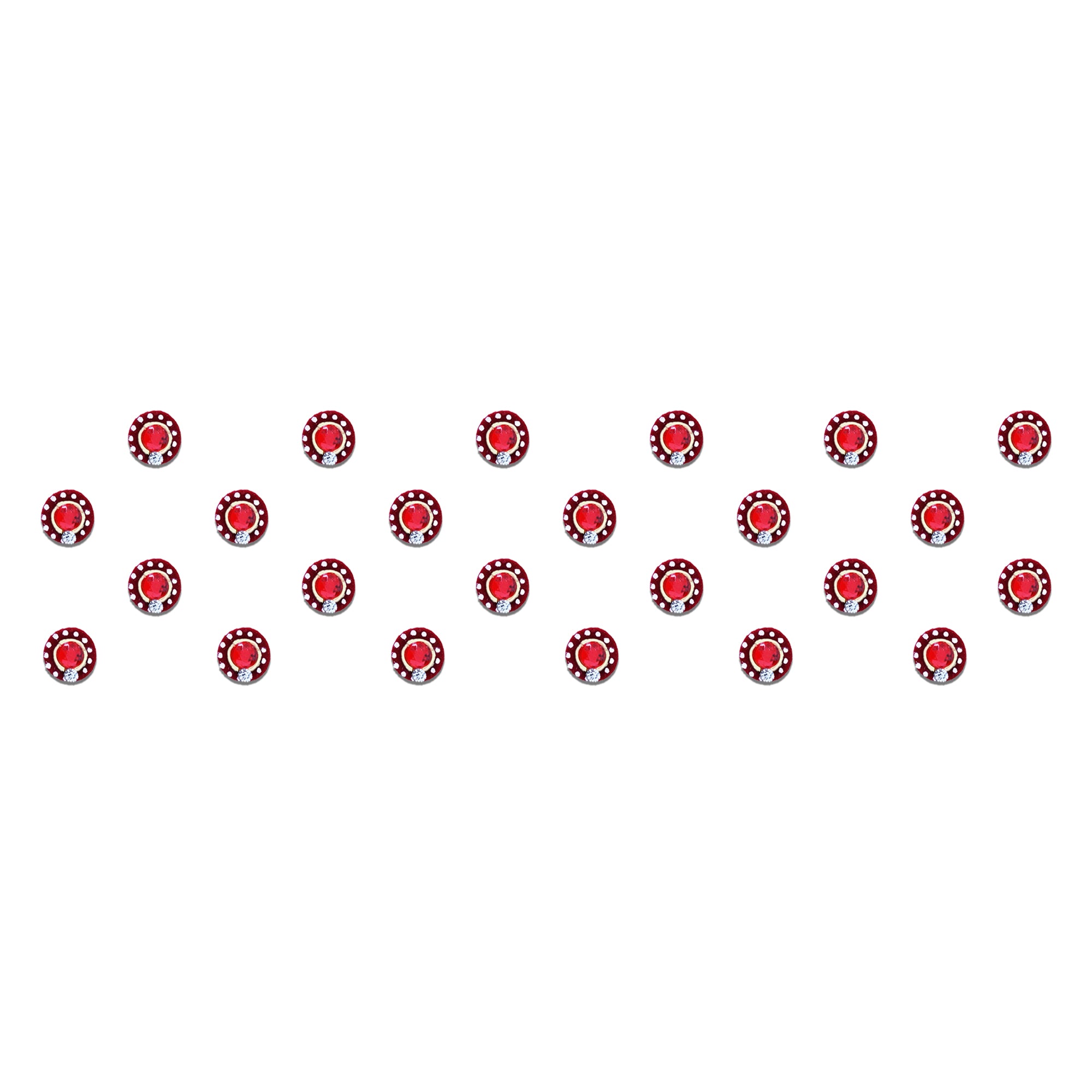 Comet Busters ruby red round designer bindi sheet featuring sparkling ruby red stone center bindis with a maroon border, white dotted detailing, and a crystal accent. Reusable self-adhesive bindis for women and girls, perfect for everyday wear, festive celebrations, weddings, Navratri, Diwali, Karwa Chauth, temple visits, cultural events, and pairing with sarees, lehengas, salwar suits, kurtis, and other ethnic outfits.